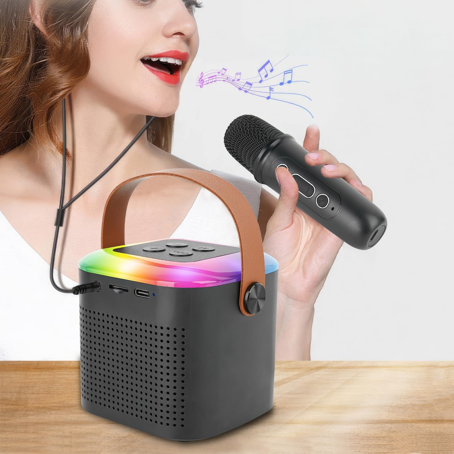 Portable Karaoke Machine with 2 Wireless Microphones and Dynamic Lights, Mini Bluetooth Speaker for Adults and Children,Birthday Gift, Party, School,Outdoor, Travel (Black) image number 3