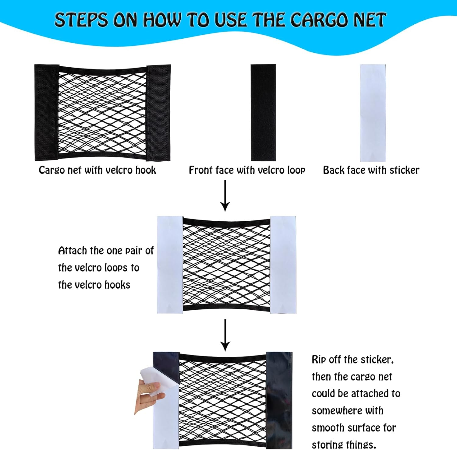 XIWUMOER 4Pack Automotive Cargo Net Car Storage Wall Sticker Organizer Pouch Bag Elastic Mesh Pocket with Tape Stickers for Trunk Organizer Holder for Cabinet Organize 4PCS (Same Size) - 4Pcs (Same Size) image number 5