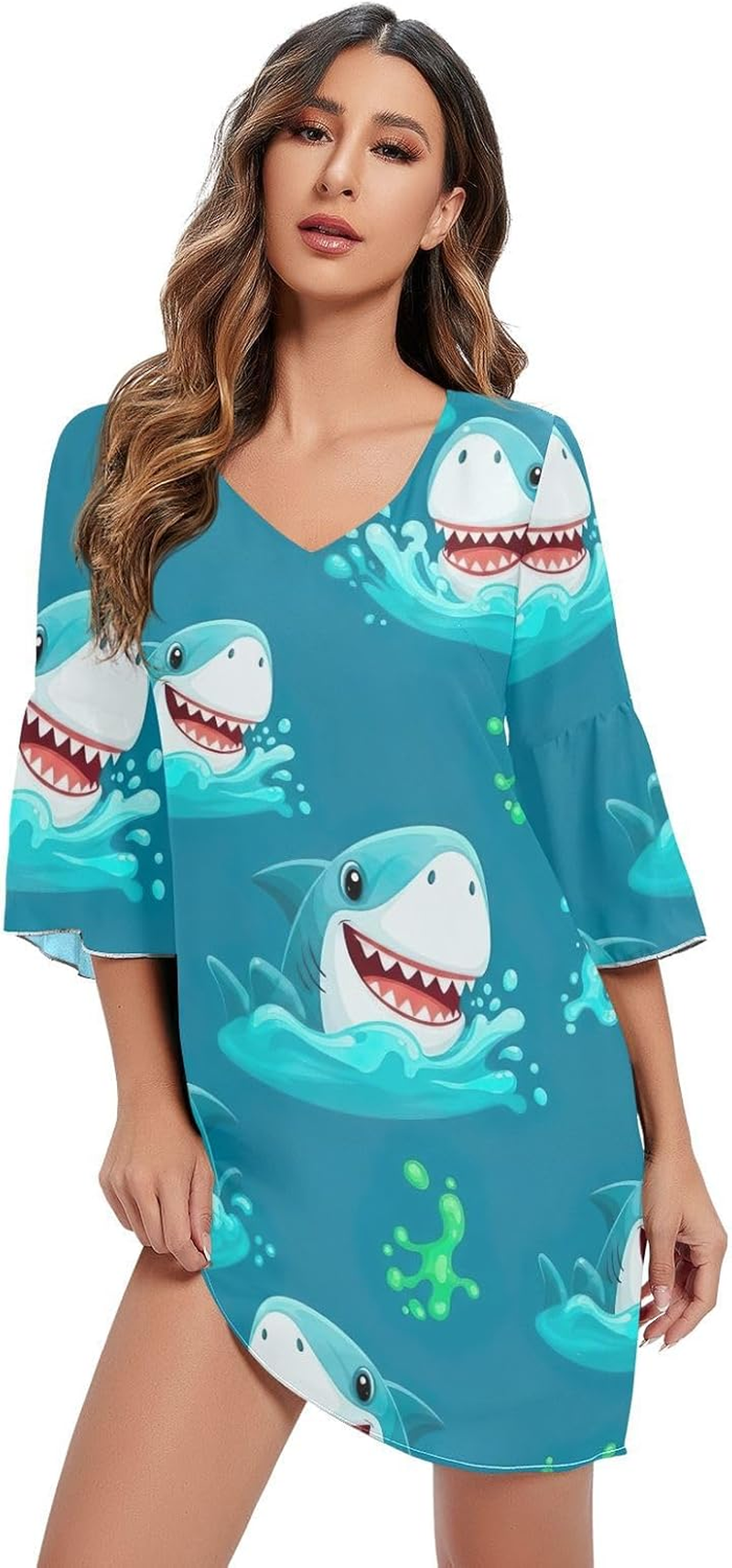 Cartoon Sharks Heads Western a Line Dress Printed Line Maternity Dress
