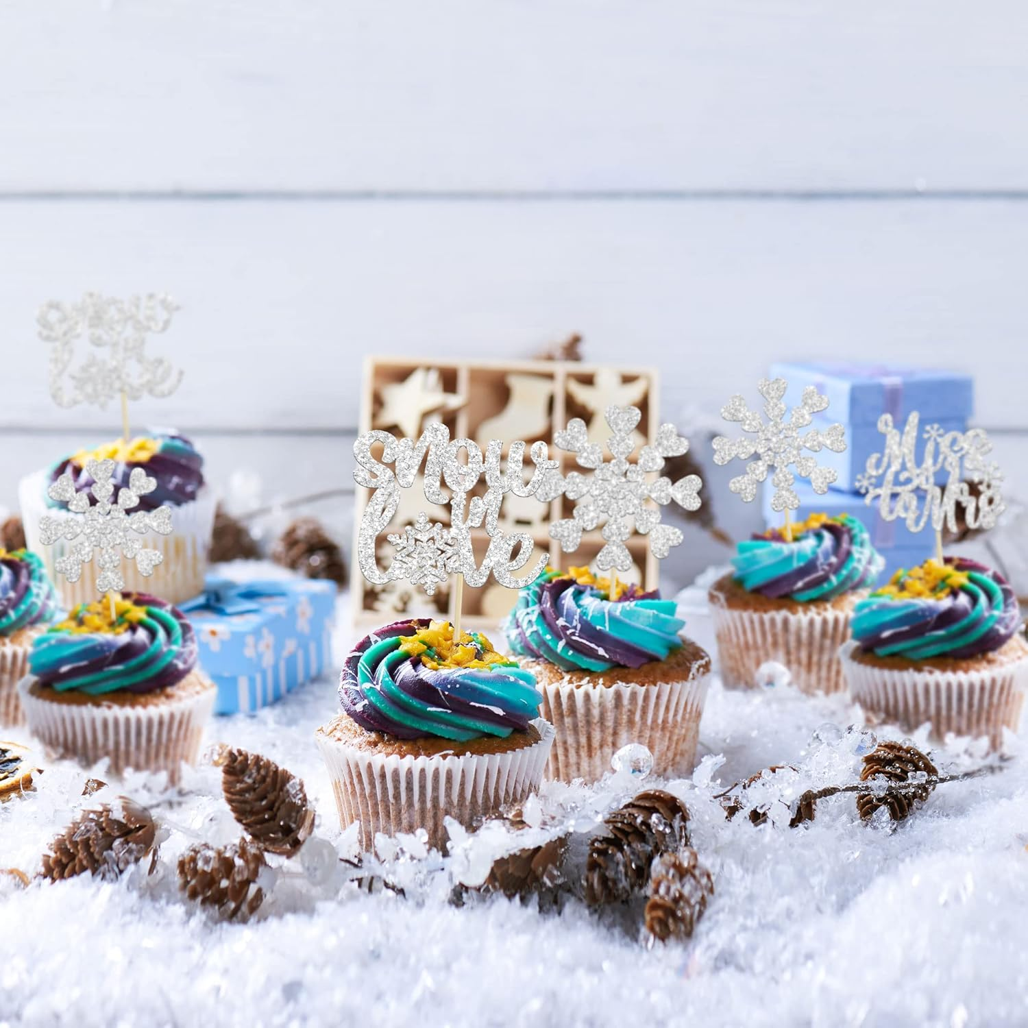 Gyufise 24Pcs Silver Snowflake Cupcake Toppers Glitter Winter Snowflake Miss to Mrs Cake Topper Picks for Winter Wedding Anniversary Decorations Bridal Shower Party Supplies - Silver 3 image number 2