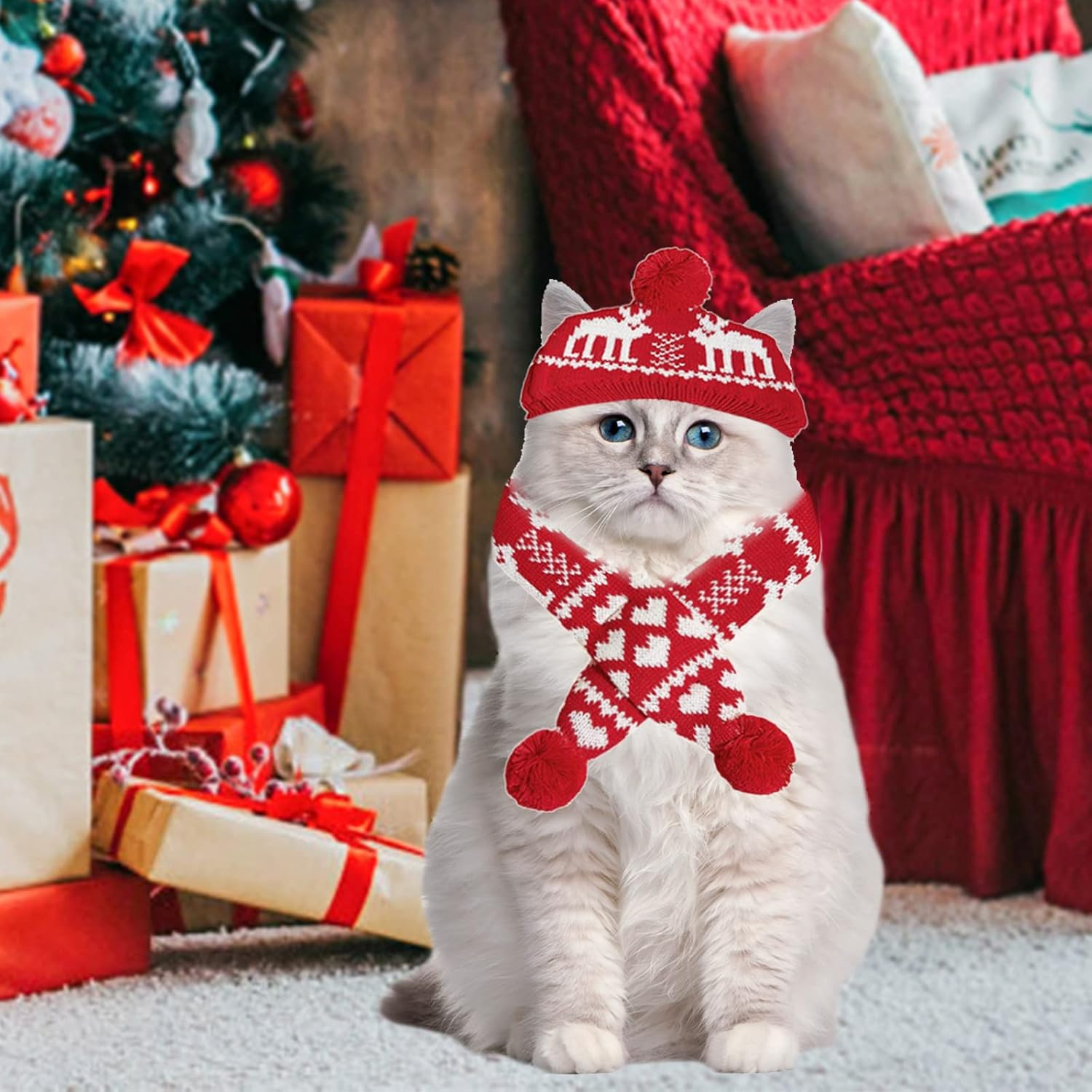 2 Pieces Christmas Pet Hat Scarf Set Winter Warm Puppy Collar Knitting Pet Hat Dog Cat Costume Accessories Adjustable Print Scarf and Hat for Small to Medium Pets (Medium, Deer)