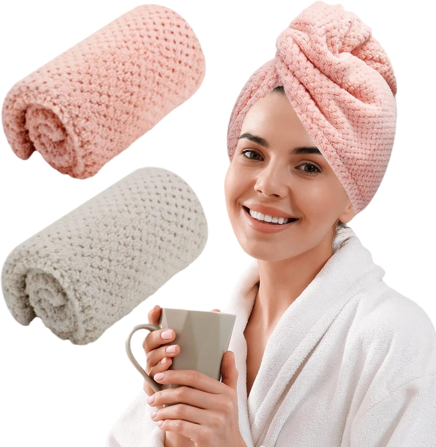 Pruhofan Hair Turban Microfibre Towel Hair Quick-Drying Towel Hair Turban Towel with Button, Microfibre Towel for Hair, Hair Turban Quick Drying for All Hair Types (2 Pieces) image number 6