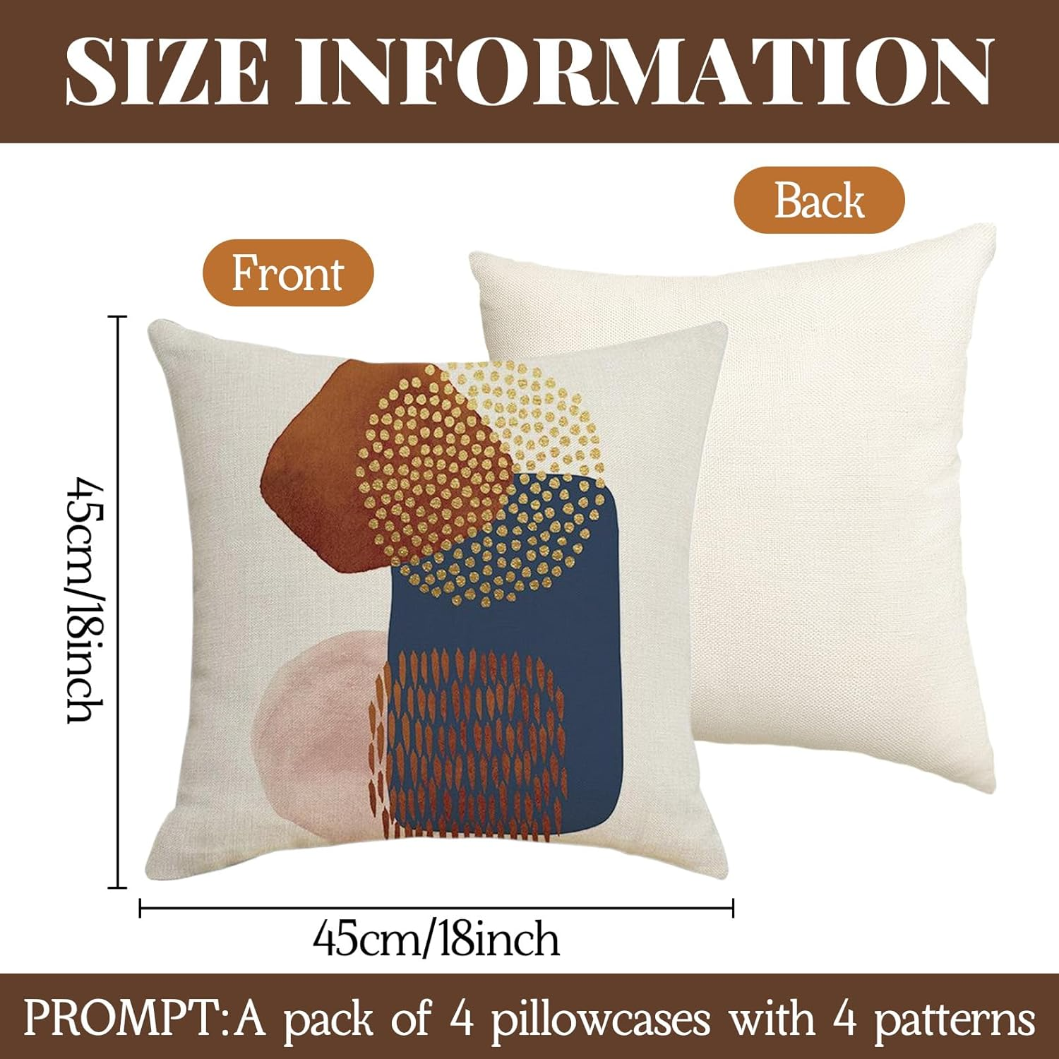 Square Linen Pillow Covers 45X45Cm Set of 4 Boho Abstract Modern Art Decorative Throw Pillow Cover Minimalist Geometric Bohemian Cushion Case for Couch, Bed, Home Decor image number 3