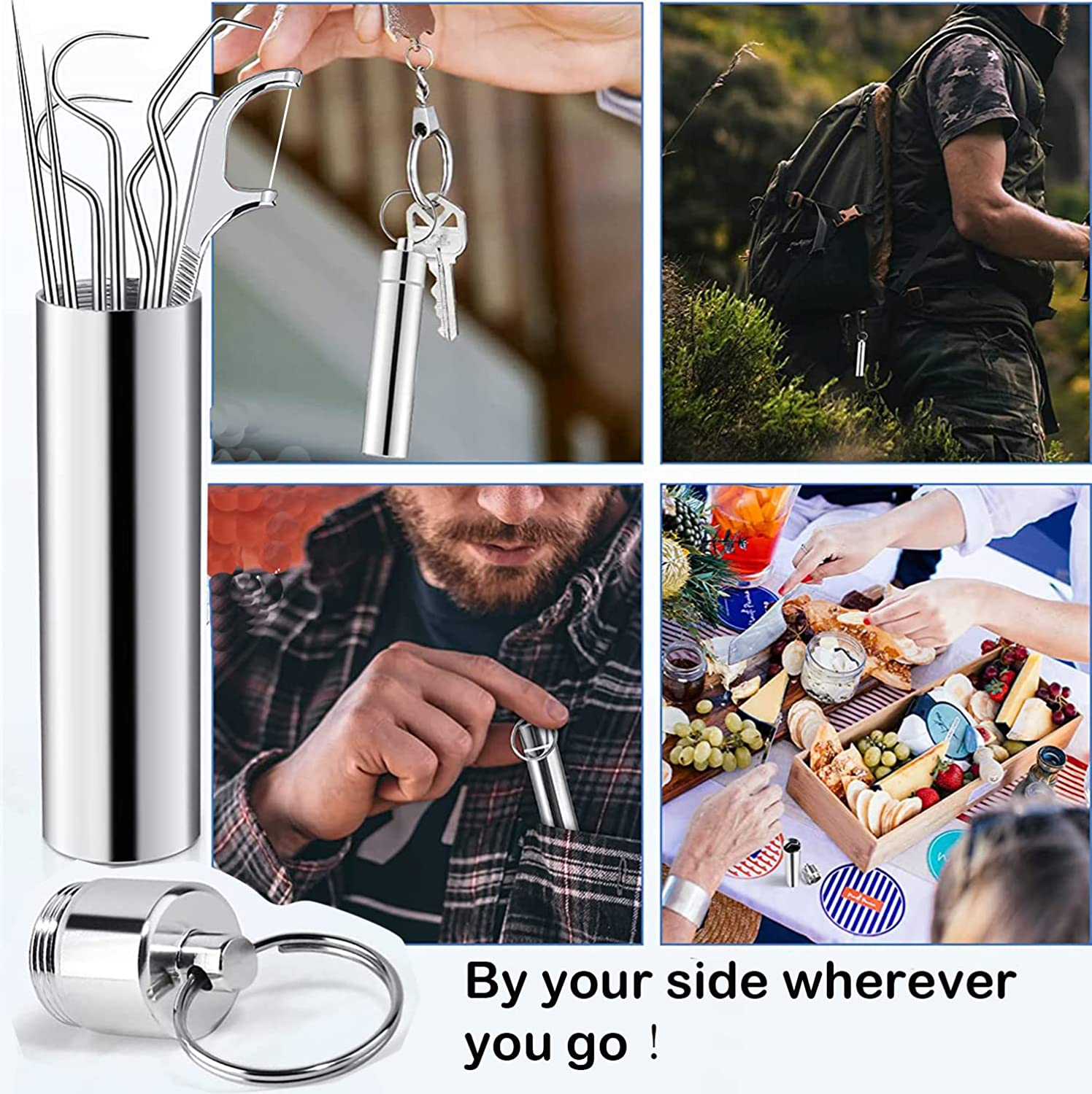 Portable Stainless Steel Toothpick Pocket Set, 7 Pcs Reusable Stainless Steel Oral Set, Metal Toothpicks Cleaning Kit, Reusable Tooth Cleaner Tool for Outdoor Picnic Camping Trave Family image number 1