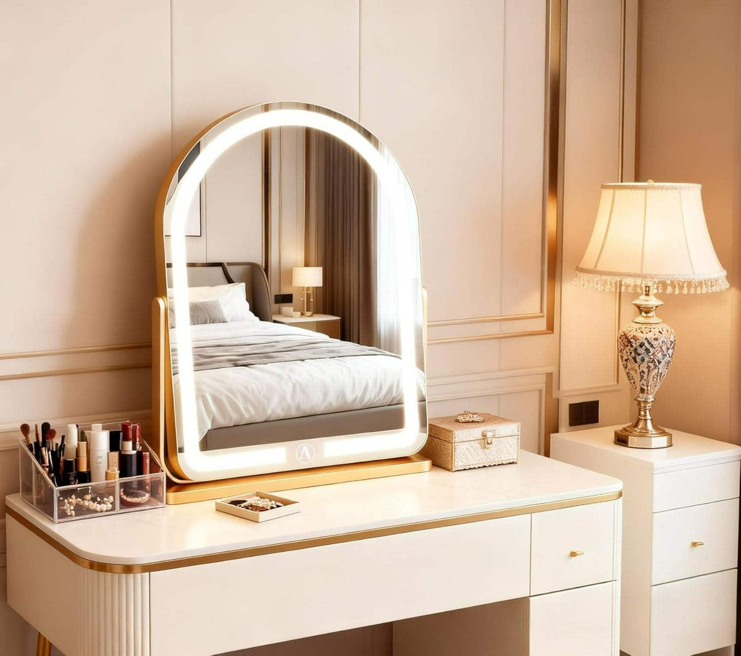 GDJIAYIYI Arched LED Vanity Mirror,Makeup Mirror with Lights,Tabletop Makeup Mirror,Touch Switch Adjustable Brightness, 360&deg; Rotation, 3-Color Light Countertop Vanity Mirror (White,44 * 32Cm)