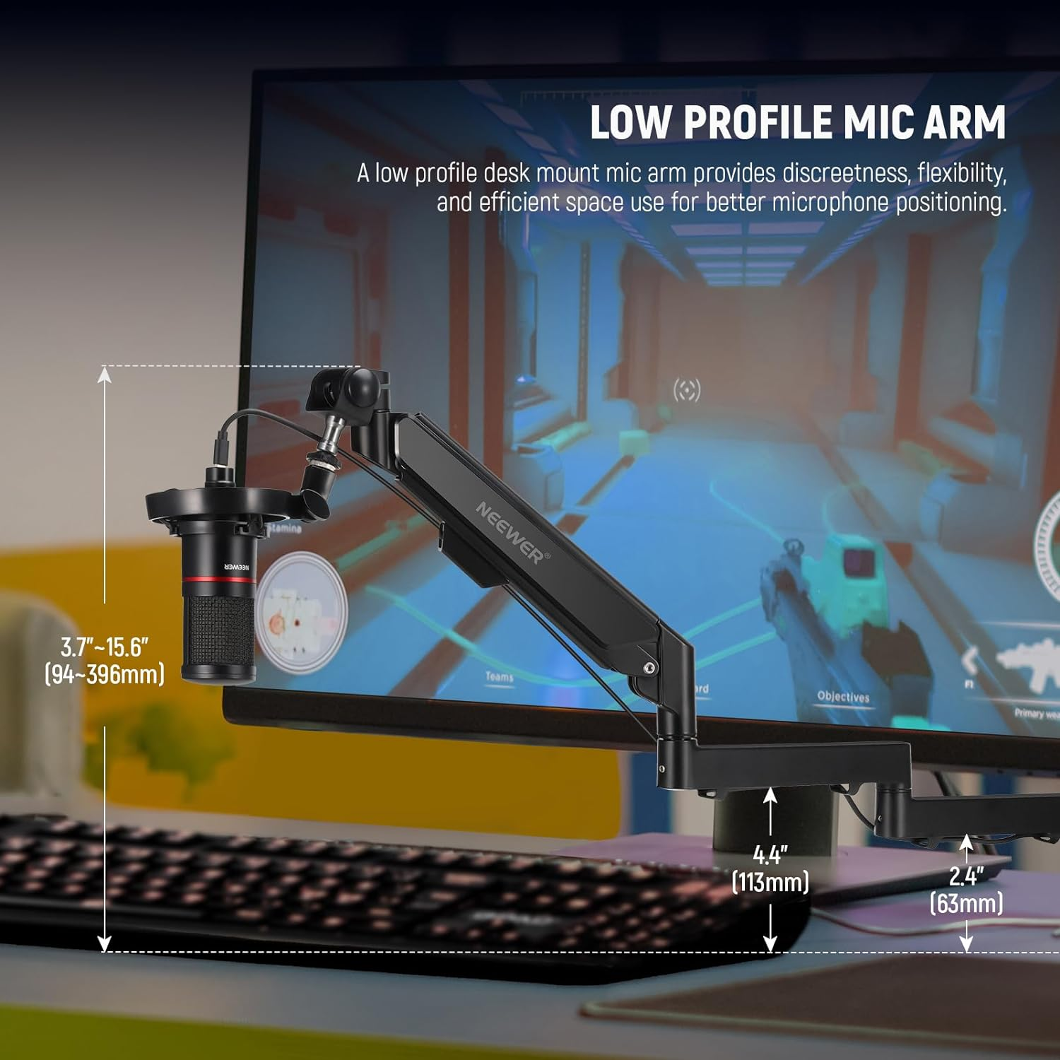 NEEWER Low Profile Mic Arm Desk Mount, 360&deg; Swivel Boom Arm with Pneumatic Damping Adjustable, Cable Management, Compatible with Shure MV7 SM7B Blue Yeti Gaming Streaming Podcast Microphone, MS002 image number 3