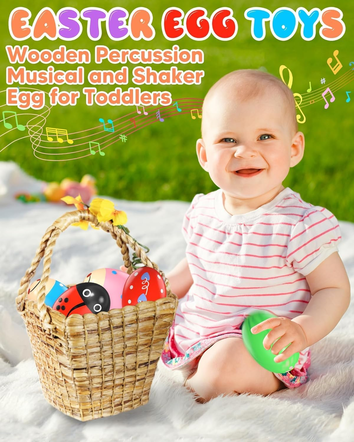 6 Pack Wooden Percussion Musical Easter Eggs, Adorable Wooden Egg Maracas Musical Colorful Percussion Easter Egg Shakers, for Party Favors, Classroom Prize Supplies, Musical Instrument image number 2