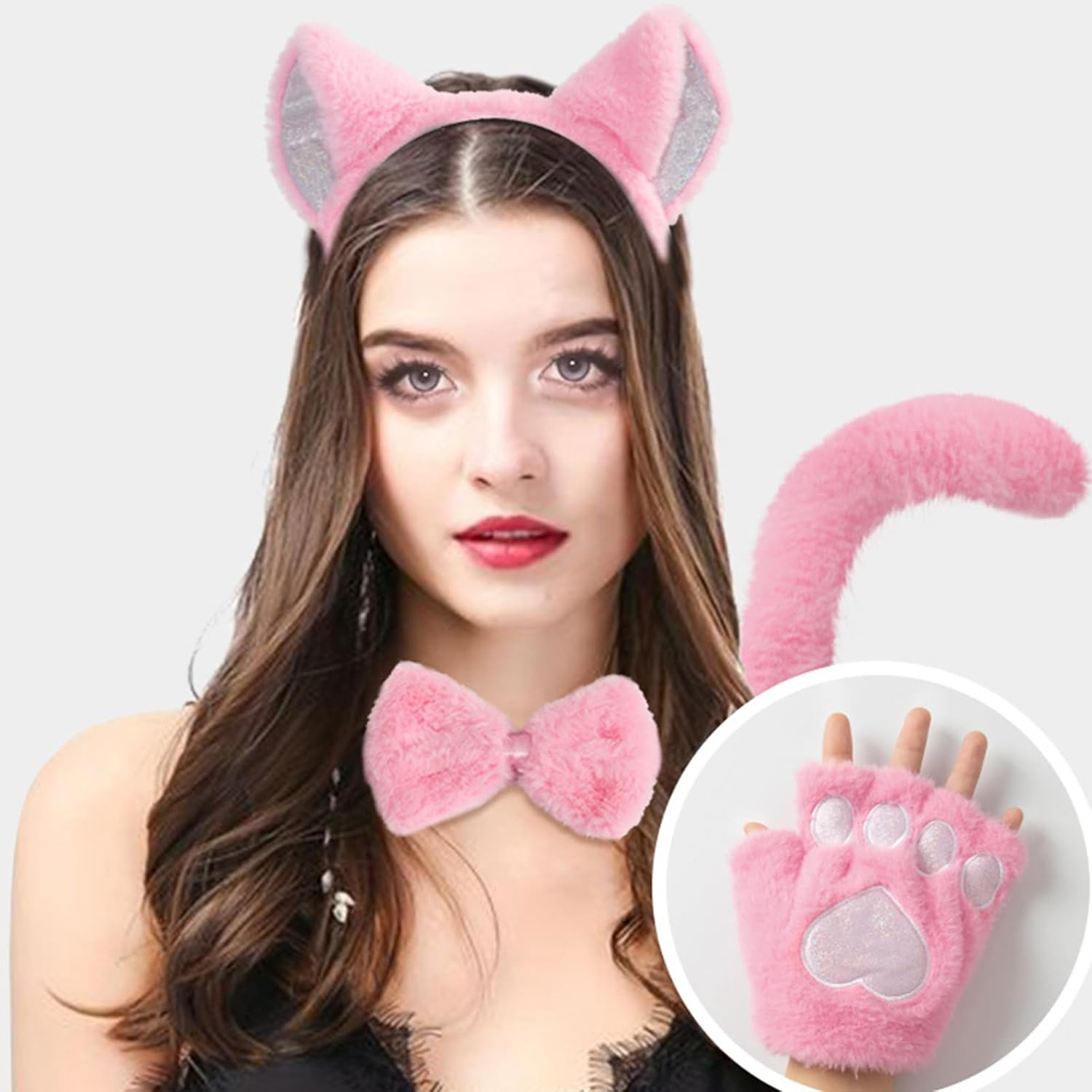 Cat Ears and Wolf Fox Animal Tail Cosplay Costume, Cat Costume Accessories Set, Cats Ear Headbands Tail Cats Paw Glove Bowknots Kids Halloween Animal Cosplays Accessories, Pink image number 6