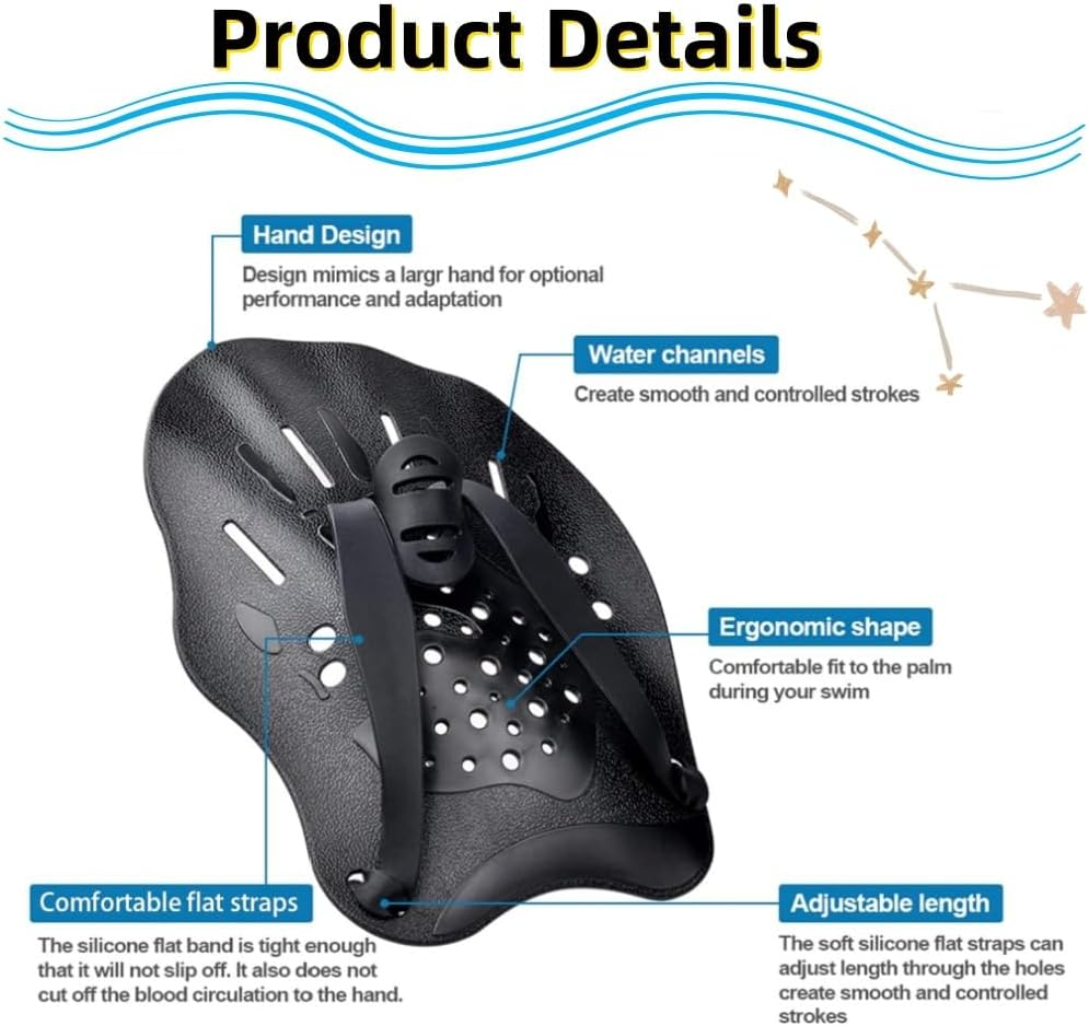 1 Pair Hand Paddles for Swimming, Swimming Paddles with Adjustable Straps, Strength Training Aid, Pool Exercise Equipment, Swimming Training Accessories,Unisex（Black）