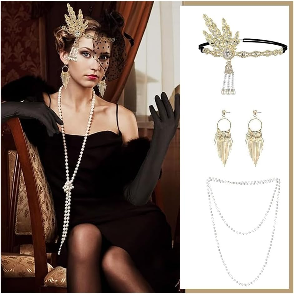 1920S Great Gatsby Accessories Set,Costume Accessories,Includes Headband, Necklace, Gloves, Earrings, Bracelet, Holder image number 2