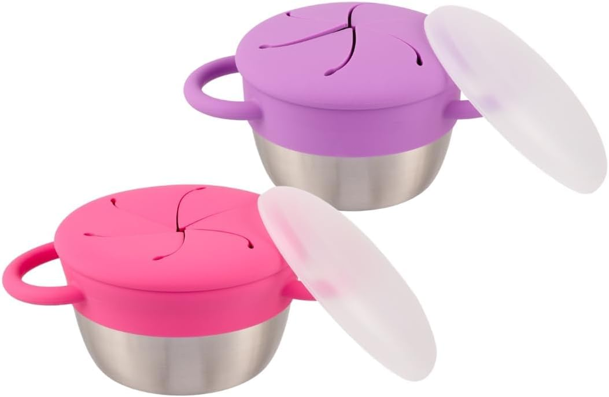 Elk and Friends Stainless Steel Snack Cups | Removable Silicone Food Catcher and Travel Lid | Spill-Proof Snack Containers for Baby, Toddler, Kids | Dishwasher Safe | 2 Pack