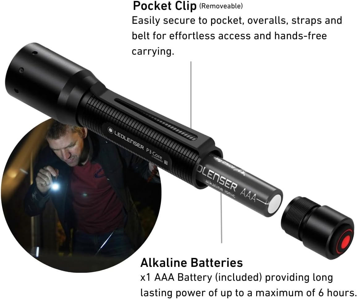 Ledlenser P3 CORE - Premium Battery Operated LED Torch, 90Lm IP54 Water Resistant Ultra-Compact, Lightweight Flashlight, Perfect Hiking, Camping Torch (Batteries Included) Black image number 4