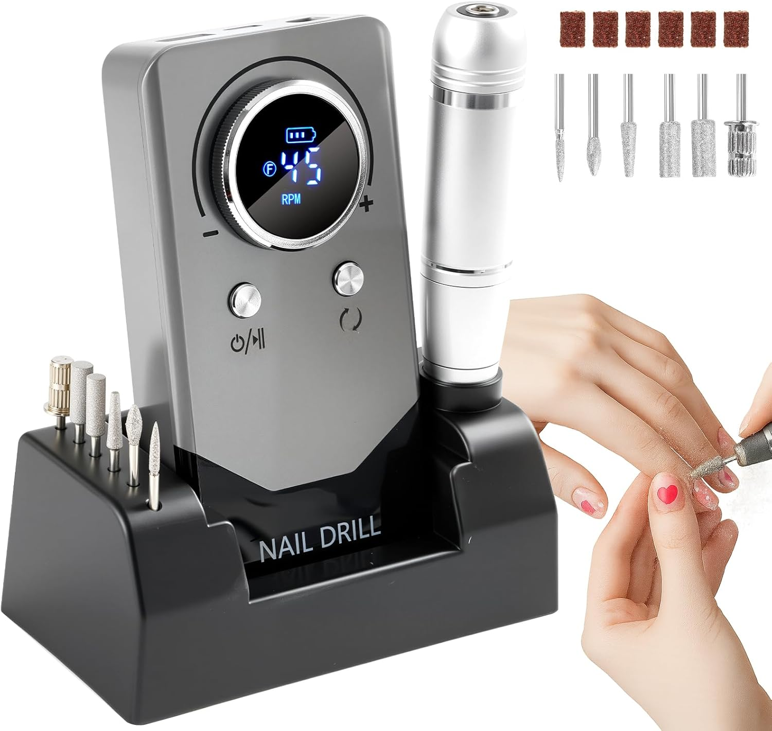 Droyek Electric Nail Drill Machine Handheld Flat Light 2-In-1 for Beginners Acrylic Gel Nails Manicure Pedicure Polishing Shape Tool with 8 Bits Gel Nails and Home Salon Use