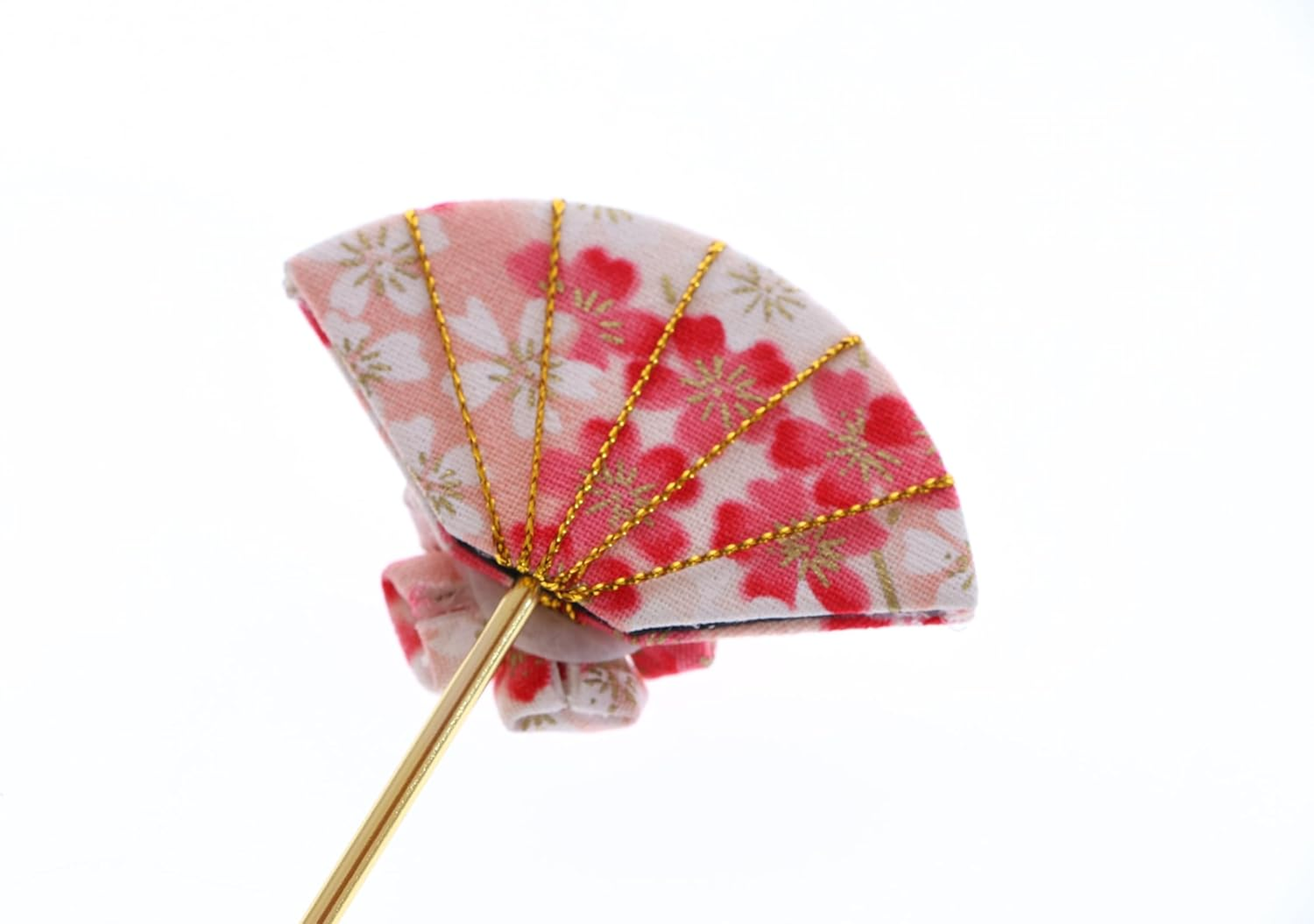 C-121-3 Pink White Hair Pin Fan Shape Pin Hairpin Fabric Flower Sakura Japan Geisha Kimono Accessory image number 3