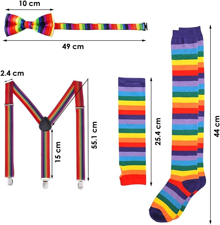 AUTOWT 80S Women Costume Accessories Set, Rainbow Fancy Outfits Long Stretchy Gloves Socks Tulle Tutu Skirt Adjustable Suspender Bow Ties for Cosplay Themed Party image number 2