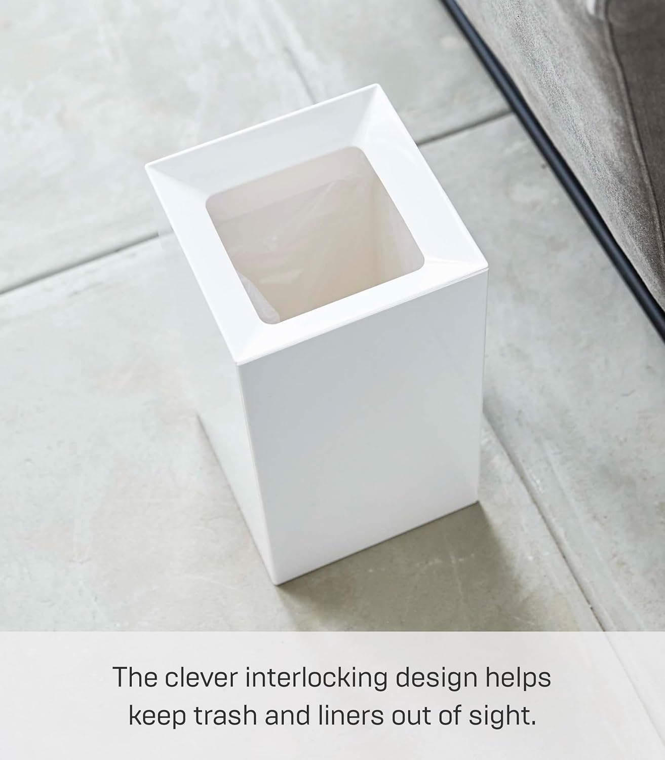 Yamazaki Home Trash Can-Modern Open Top Garbage Waste Bin Basket with Handle | Plastic, Short, White - Black image number 2