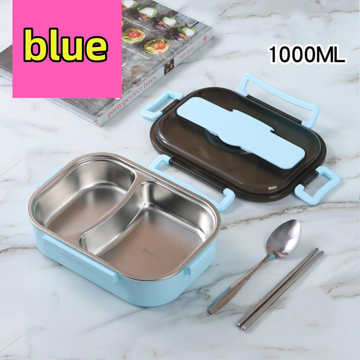 Yharnamite Thermal Lunch Box, 2-Compartment Stainless Steel Keep Warm Lunch Box Portable Leakproof Insulated Lunch Box with Cutlery Holder for Students, Office Workers, Travel (Blue) - Pink image number 3