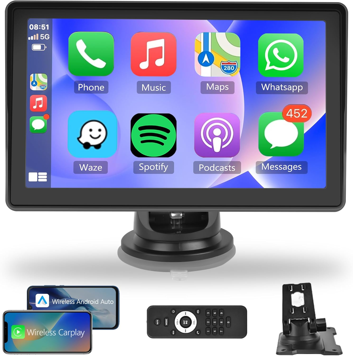 Wireless Carplay Screen Android Auto Portable Car Stereo Screen 7'' Touch Screen Portable Car Radio Wireless FM Transmitter GPS Navigation,Mirror Link,Voice Control, Bluetooth image number 1
