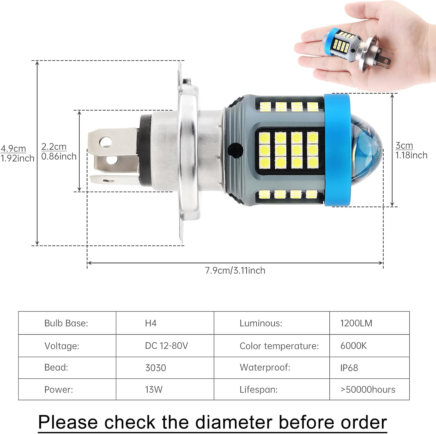 Windance 2Pack, H4 LED Bulb 1200LM 13W with Lens, Hi/Lo Beam Super Bright 12V-80V Daytime Running Light Bulbs for Motorcycles E-Bike Scooters ATV UTV Pit Bike(White, H4) image number 3