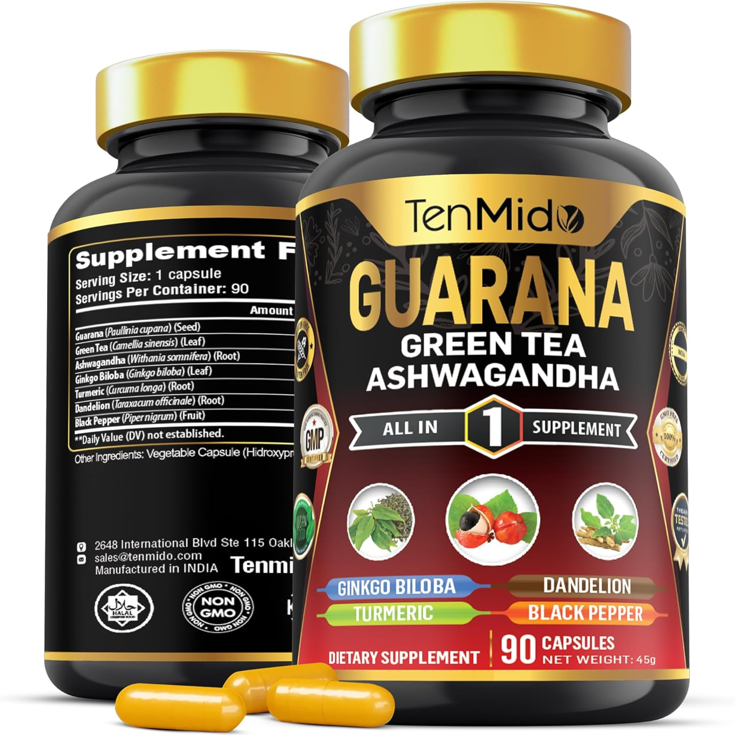 Guarana Supplements - 7In1 with Green Tea, Ashwagandha, Ginkgo Biloba, Turmeric, Dandelion and Black Pepper - 90 Vegan & Non-Gmo Capsules