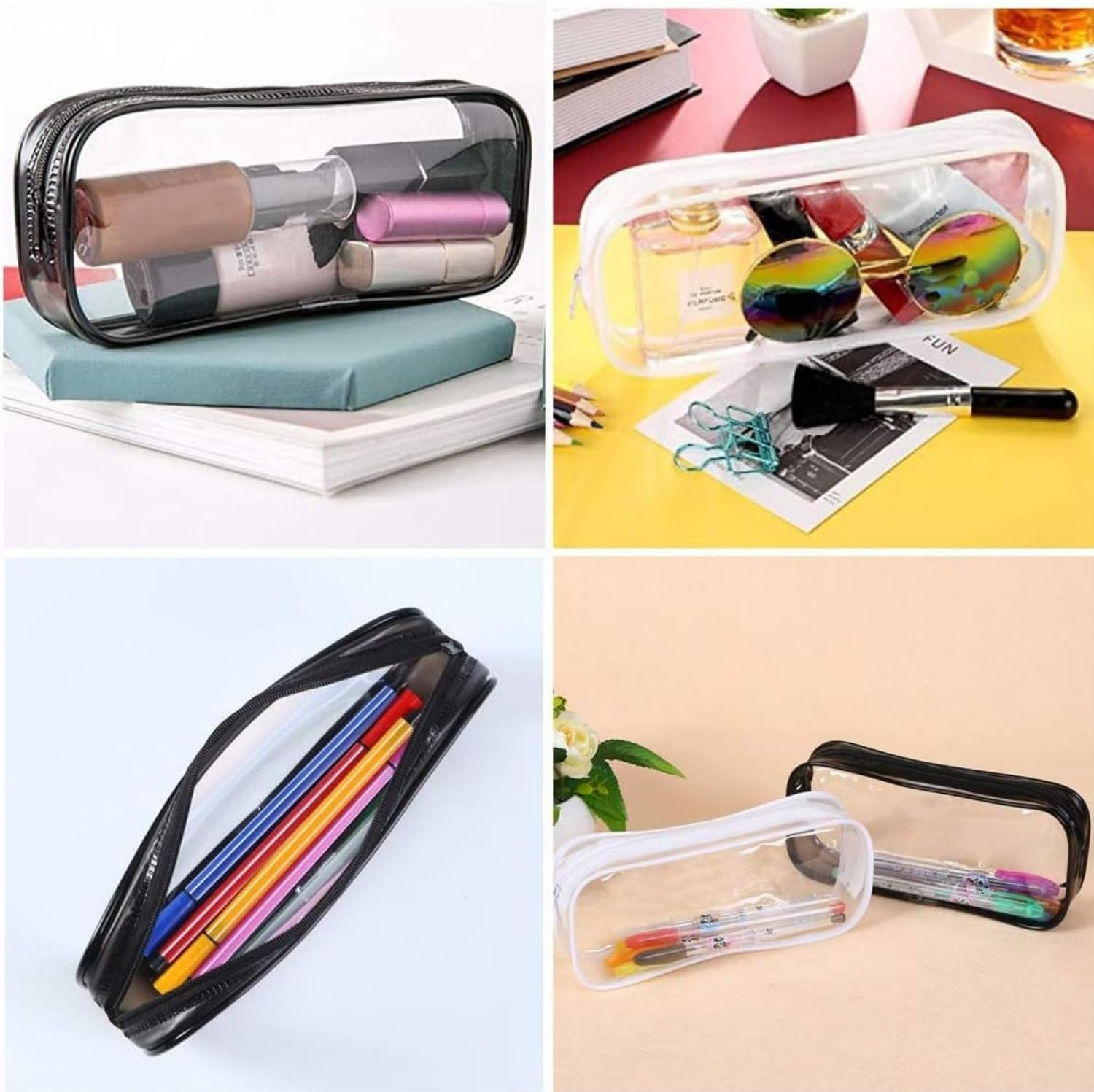 Shoyisenka 2 Transparent Cosmetic Bags - PVC Waterproof Travel Washbasin Bags with Zippers, Unisse-Only Transparent Stationery Storage Bags (Black and White, 20.5X8.5X3.5 Cm). image number 1