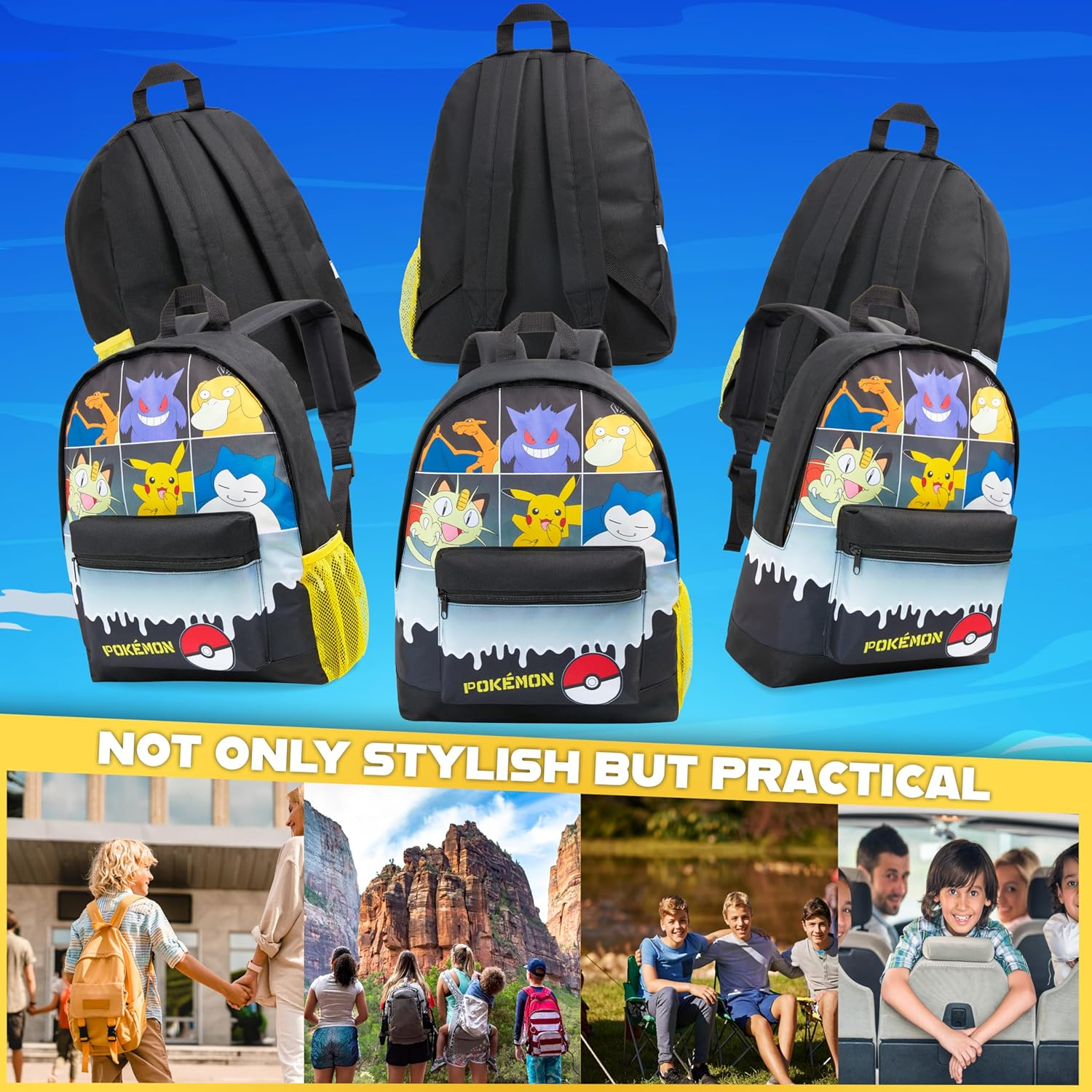 Pokemon Backpack for Kids Teenagers Pikachu Rucksack School Bag with Zipped Pockets Adjustable Straps Charizard Daypack for Travel Sports Anime Gifts