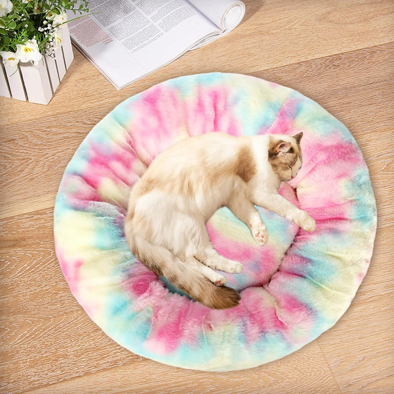 Cutitiuu 40 Cm Doughnut Dog Beds for Small Dogs, Soft and Cosy Pet Bed for Cats, Rainbow Colours, round Cute Puppy Bed with Non-Slip Underside, Fluffy