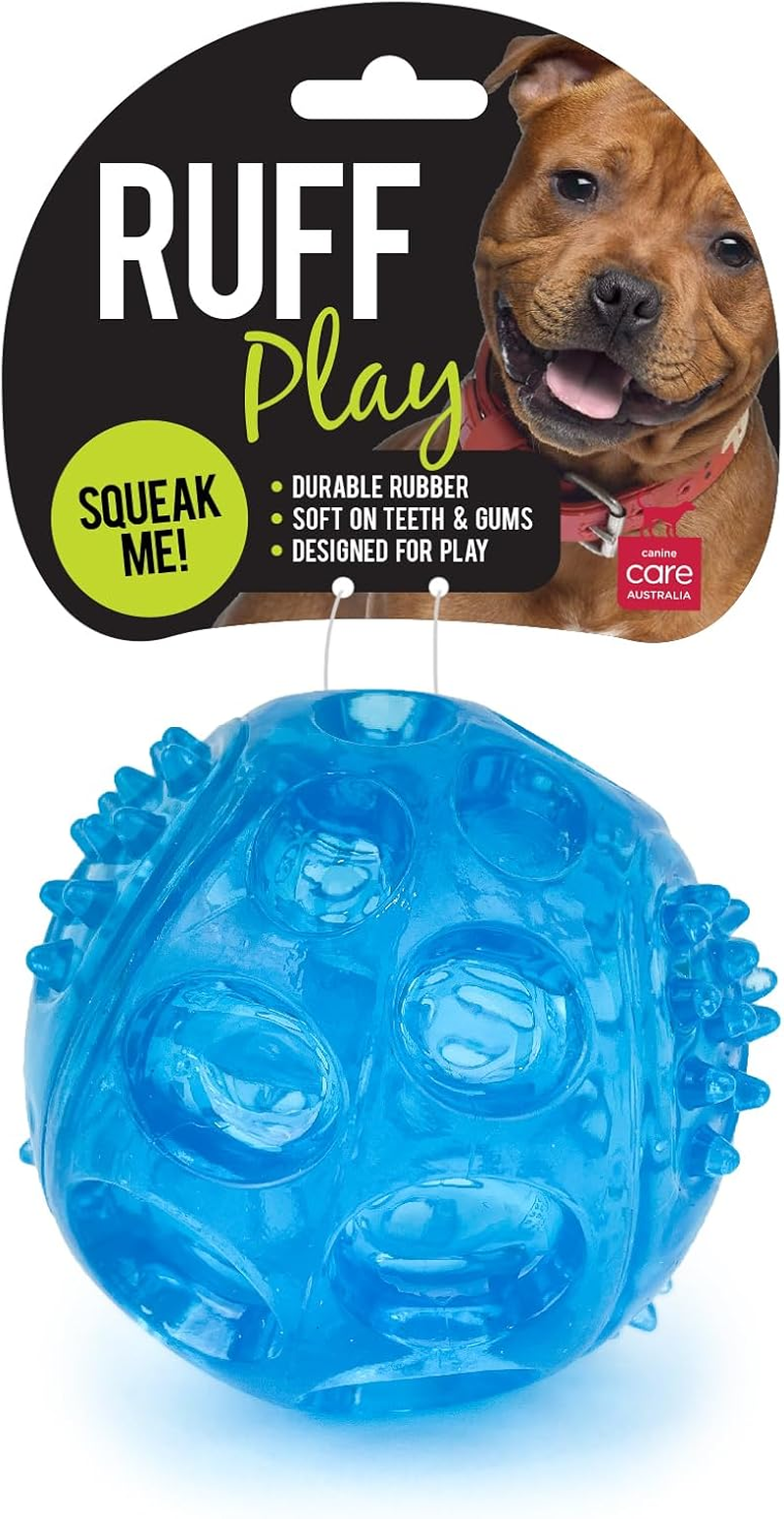Ruff Play Duarable Squeaky Ball Dog Toy, Blue - Dog Teething Toy, Durable Chew Toys, Squeaky Dog Toys, Non-Toxic Rubber, Aids Dogs Dental Health