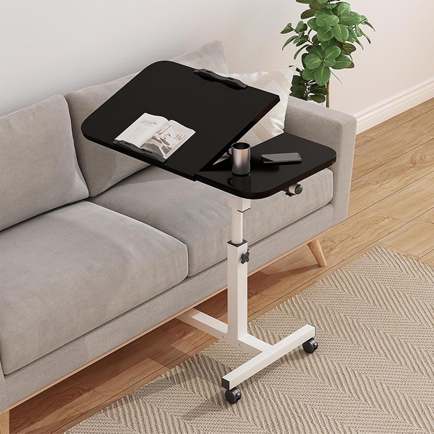 Mobile Overbed Table with Wheels, Lifting and Rotating Laptop Desk, Height Adjustable Mobile Standing Desk, Bedside Table for Home Office, Laptop Computer Desk with Tray for Work Study Reading