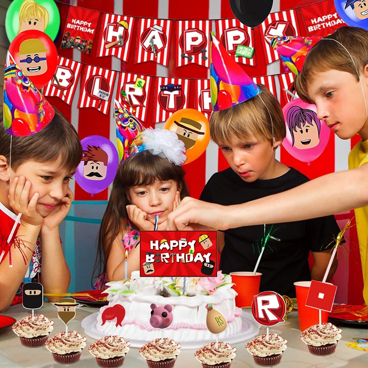 Roblox Birthday Party Supplies, Ro-Blox Theme Party Decorations Set, Include Balloons, Happy Birthday Banner, Cake Topper, Roblox Virtual World Party Decorations for Boys Birthday