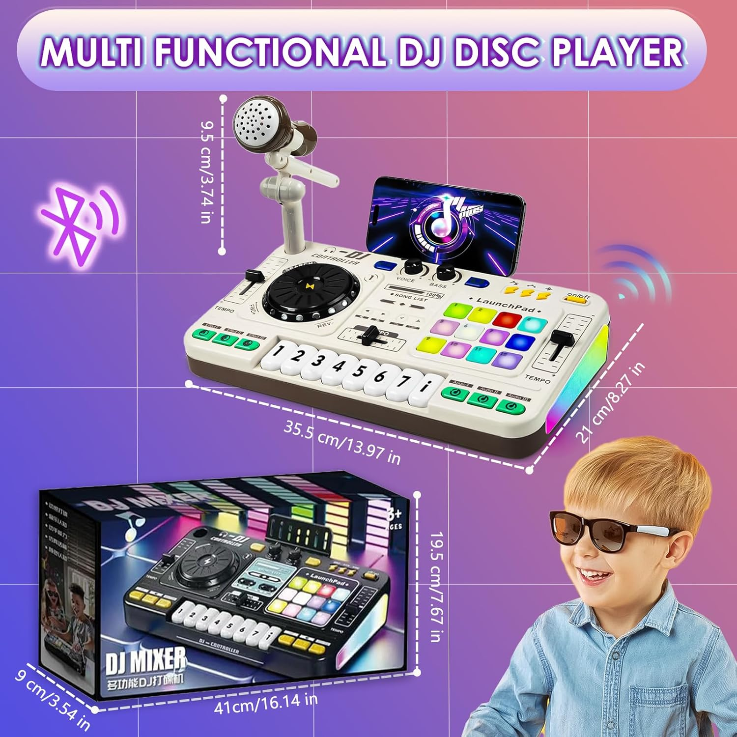 DJ Toy Set for Kids, Toddler Musical DJ Mixer Toys with Lights Sounds & Bluetooth-Enabled, Multi-Functional Musical Instrument, Best Gift for Ages 4+ (White) image number 6
