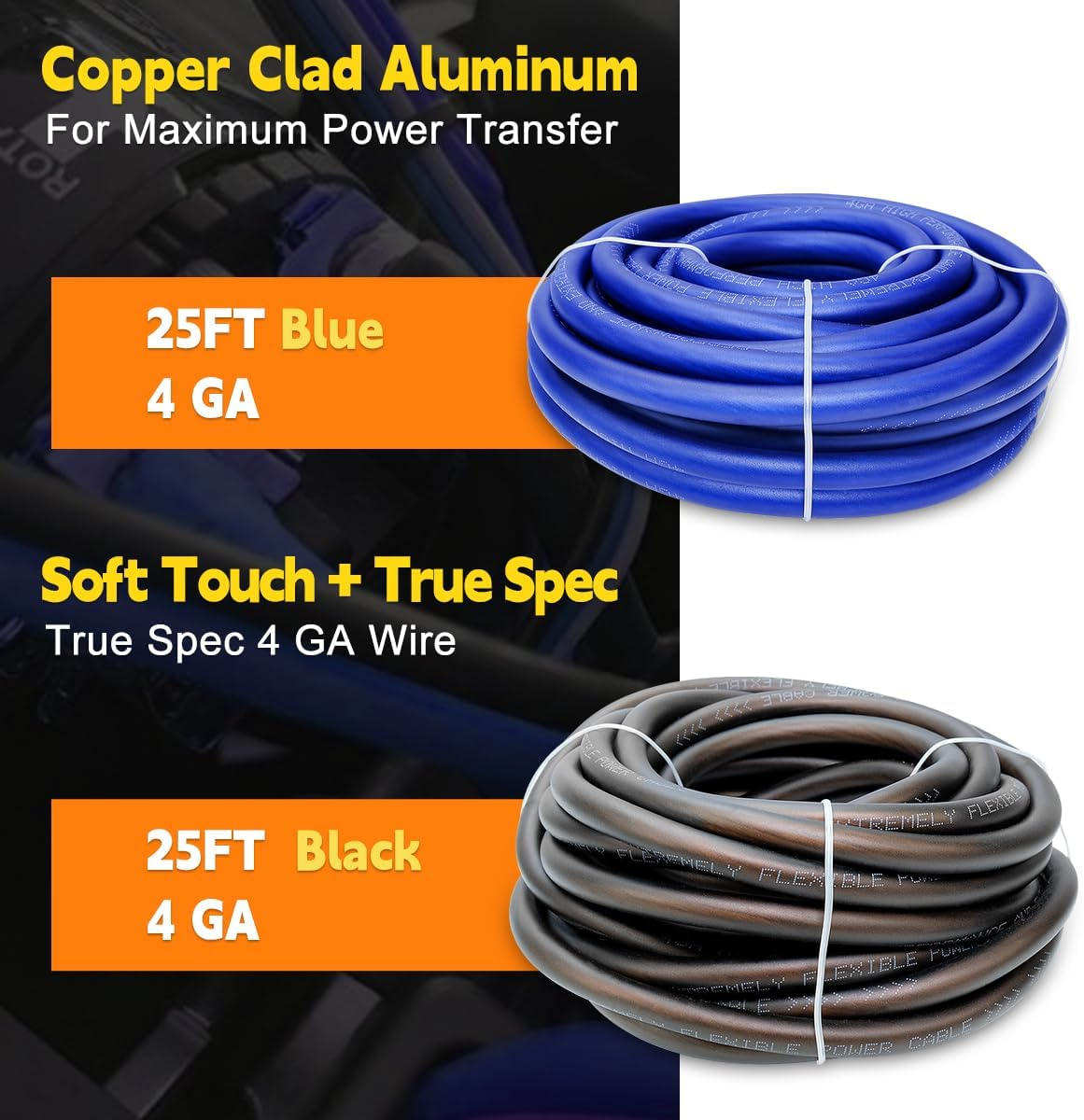 4 Gauge Automotive Battery Cable, 4 AWG Copper Clad Aluminum (CCA) Wire for Car, Truck, RV, Boat, Heavy Duty Flexible 12V Battery Wire, Corrosion-Resistant 4 Gauge Amp Wire Kit 12V Cable Wire