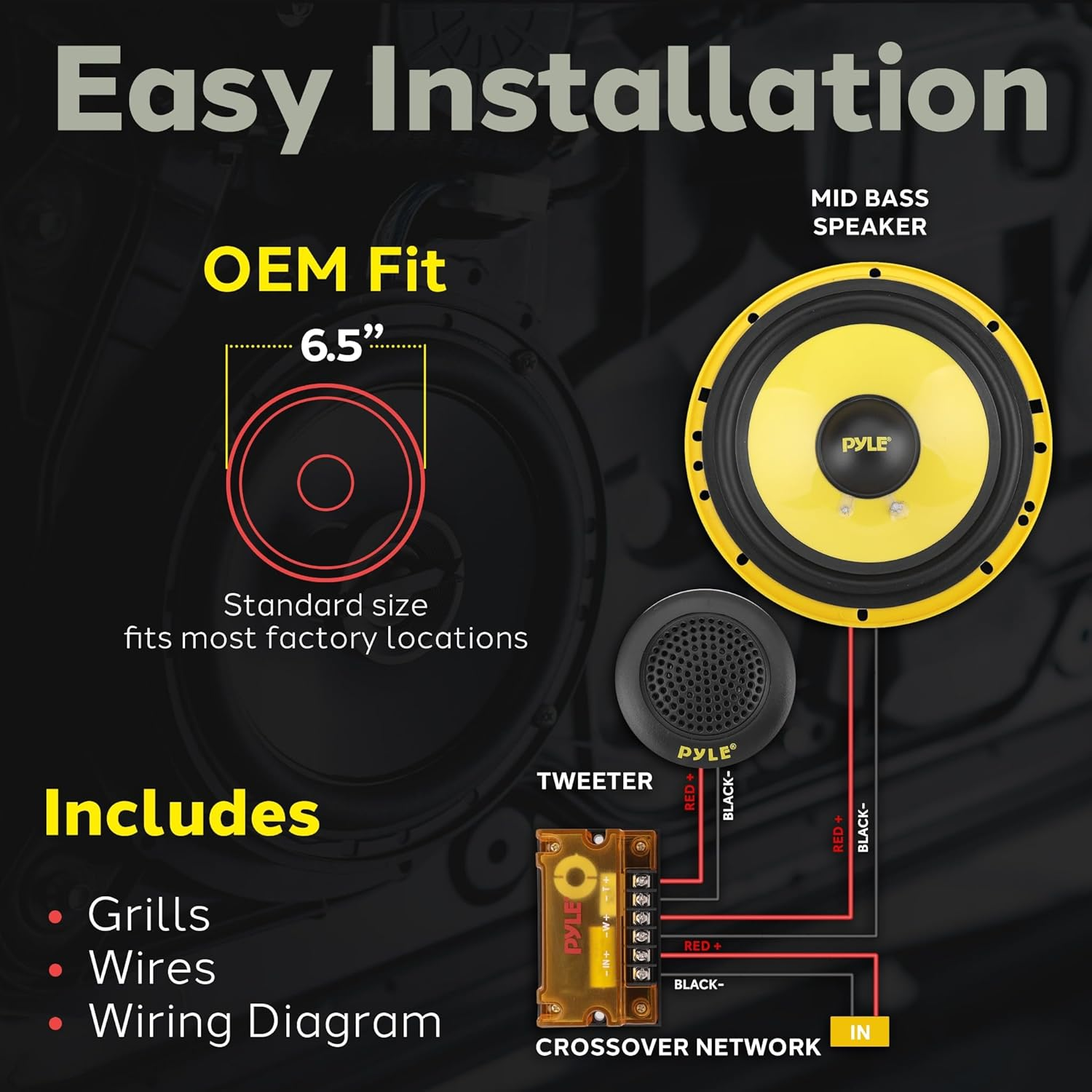 Pyle 2 Way Custom Component Speaker System - 6.5&rdquo; 400 Watt, with Electroplated Plastic Basket, Butyl Rubber Surround & 40 Oz Magnet Structure - Wire Installation Hardware Set Included image number 4