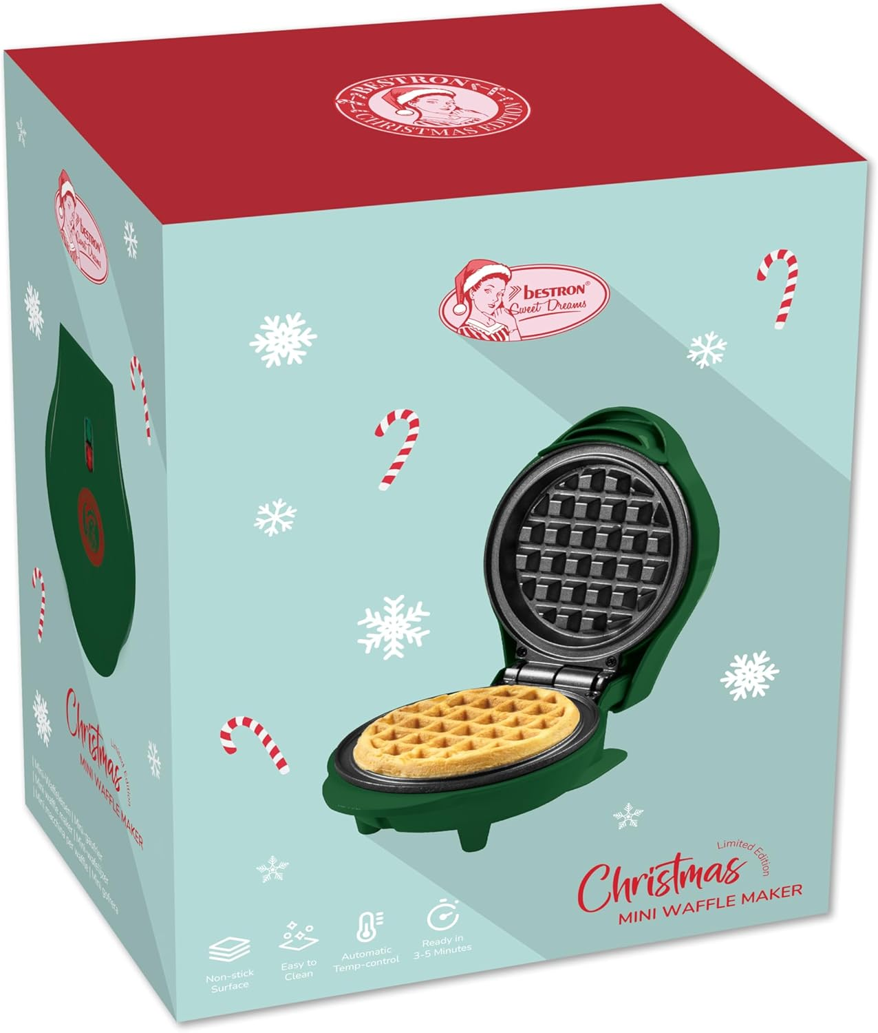 Bestron Mini Waffle Maker in Christmas Edition, Waffle Maker with Non-Stick Coating, Waffle Maker Ideal for Christmas, Parties or as a Gift, Waffle Size: 10 Cm, Colour: Matte Green - Matte Green image number 1