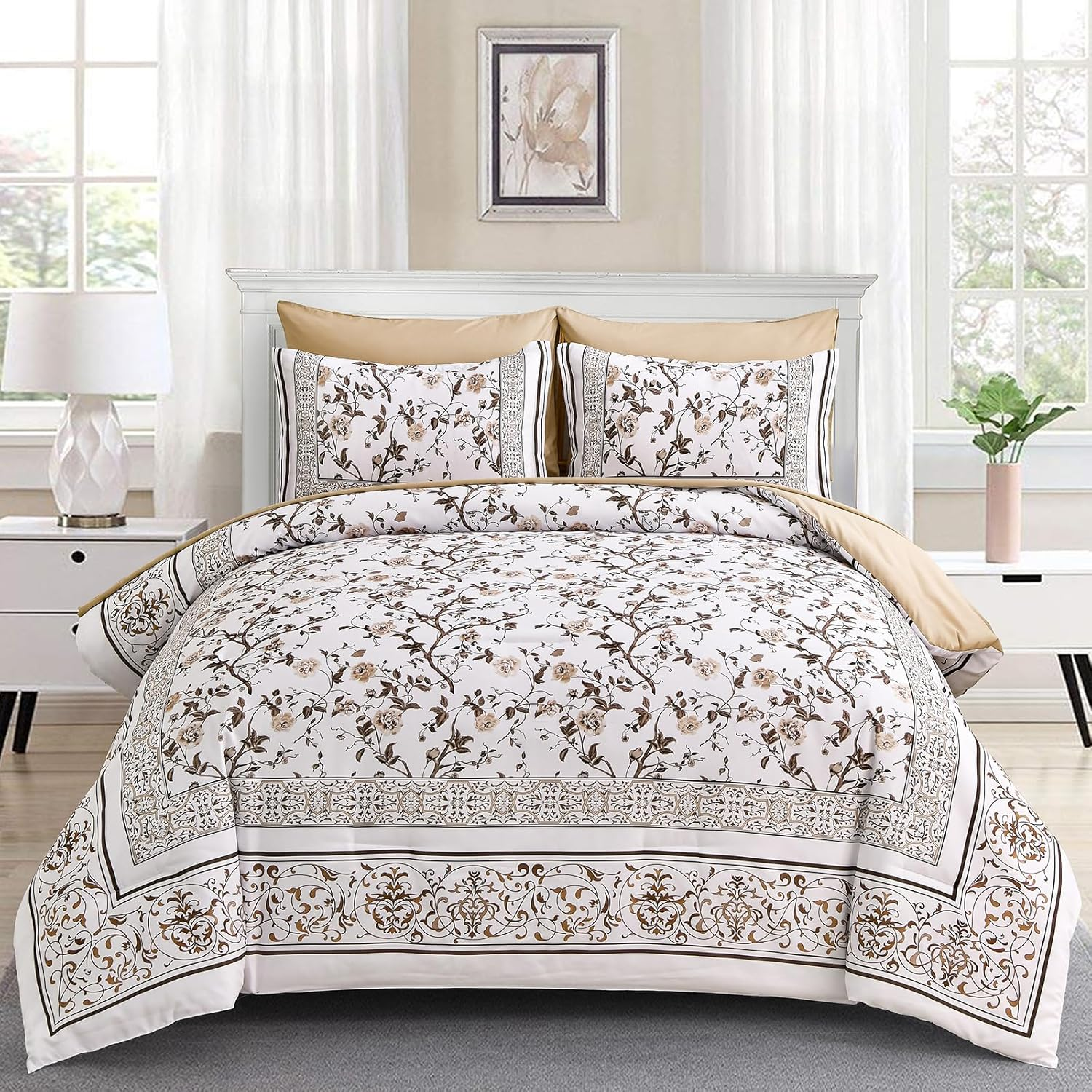 Dobuyly Brown King Size Comforter Set, Floral Botanical Bedding Set 7 Piece Bed in a Bag King, Soft Microfiber Flowers Bedding Comforter Sets with Sheets for All Season