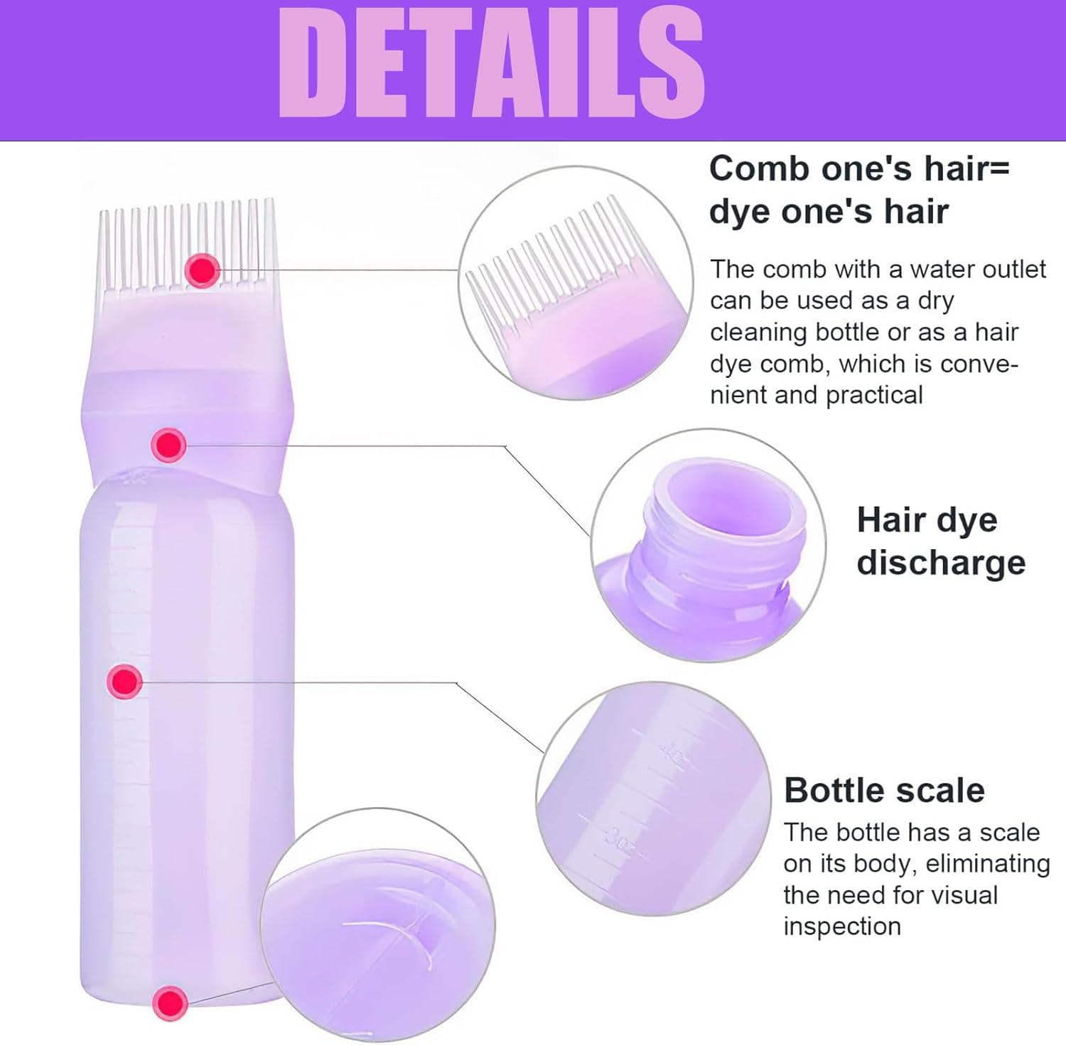 6 Oz Large Capacity Root Comb Applicator Bottle, Hair Dye Brushroot Comb Squeeze Applicator Bottles with Graduated Scale for Salon Hair Coloring Dyeing Scale for Home DIY Use. (White, 4 Pcs)
