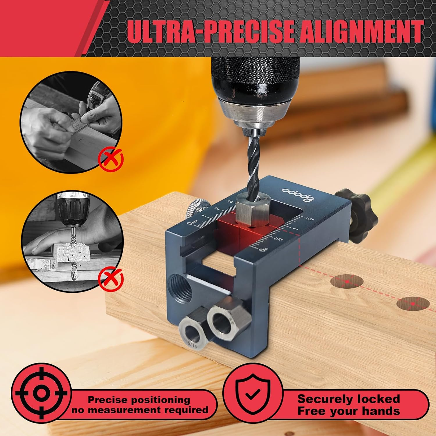 Self-Centering Doweling Jig Kit for Woodworking &ndash; Adjustable Width Dowel Jig for Straight Holes with 3 Drill Guide Bushings & 3 Drill Bits (1/4'',3/8'',5/16'')，Woodworking Joints Tools image number 3
