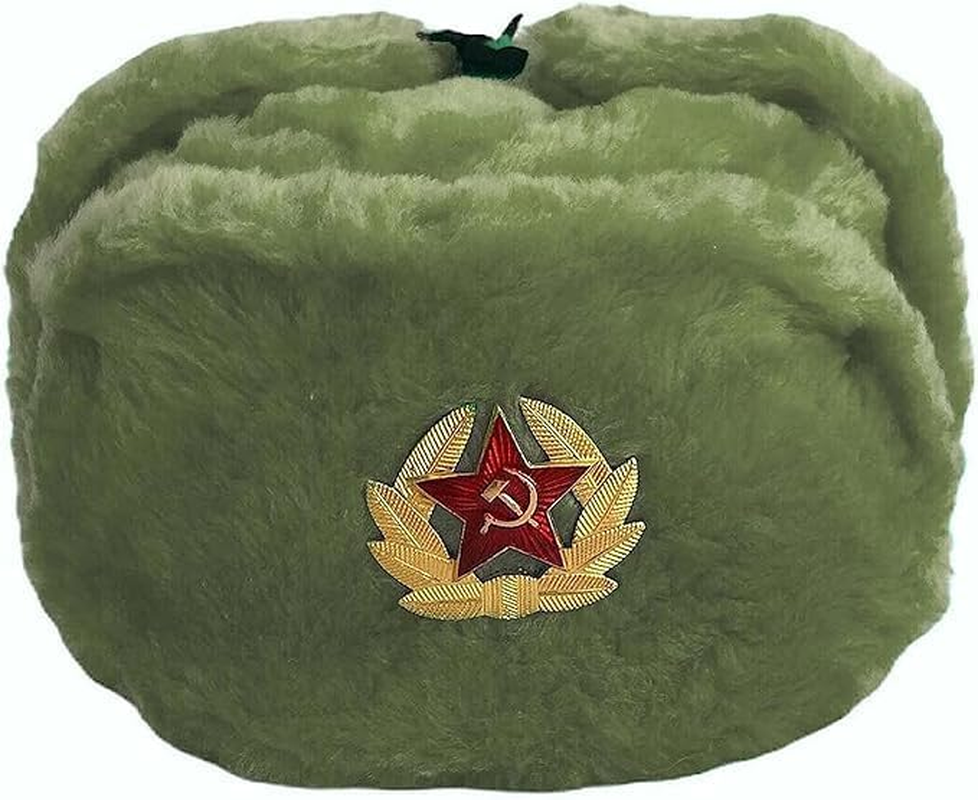 Mens Russian Trapper Hat Winter Warm Hat Cap with Soviet Badge Unisex Faux Fur Ushanka Flaps Hat Soviet Style Unisex Winter Hat