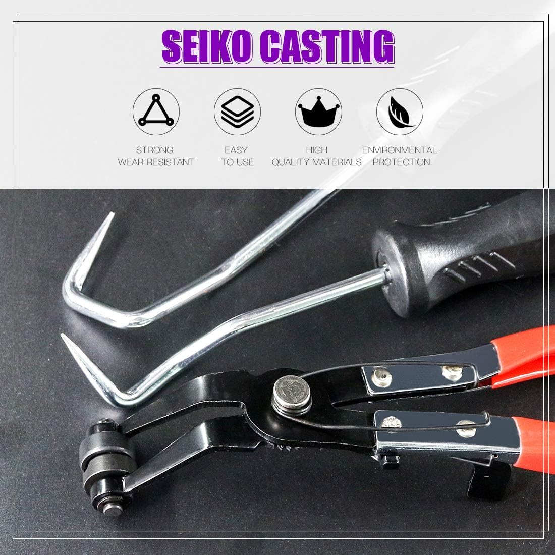 Swpeet 3Pcs Hose Clamp Plier Set, Including 45&deg; Flat Band Hose Clamp Plier Angled Swivel Jaw Locking Car Water Pipe with 2Pcs Hose Removal Hook Set Perfect for Hose Installations of Low Radiators image number 4