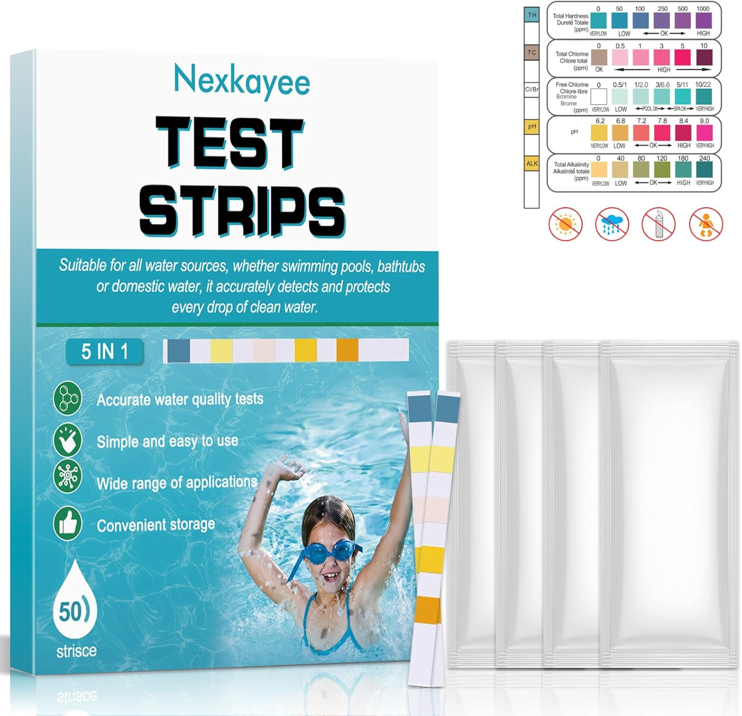 5-In-1 Pool and Spa Test Strips for Accurate Analysis of Ph, Chlorine, Bromine, Alkalinity and Cyanuric Acid with Fast Results and 50 Easy-To-Use Strips for Clear and Safe Water image number 1