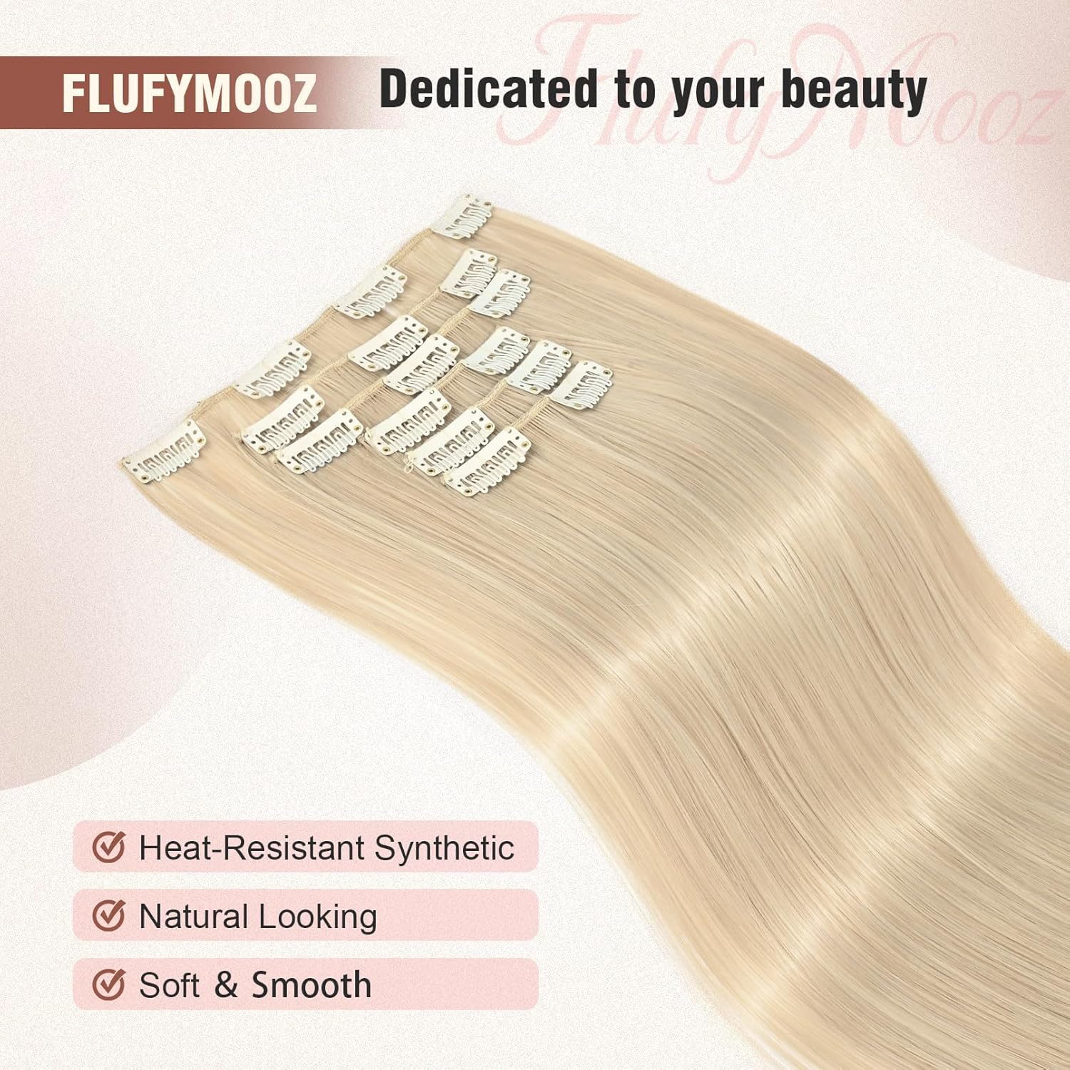 FLUFYMOOZ 6PC Clip in Hair Extensions 24" Straight Long Extensions for Women Synthetic Hairpiece (Ash Blonde) image number 3