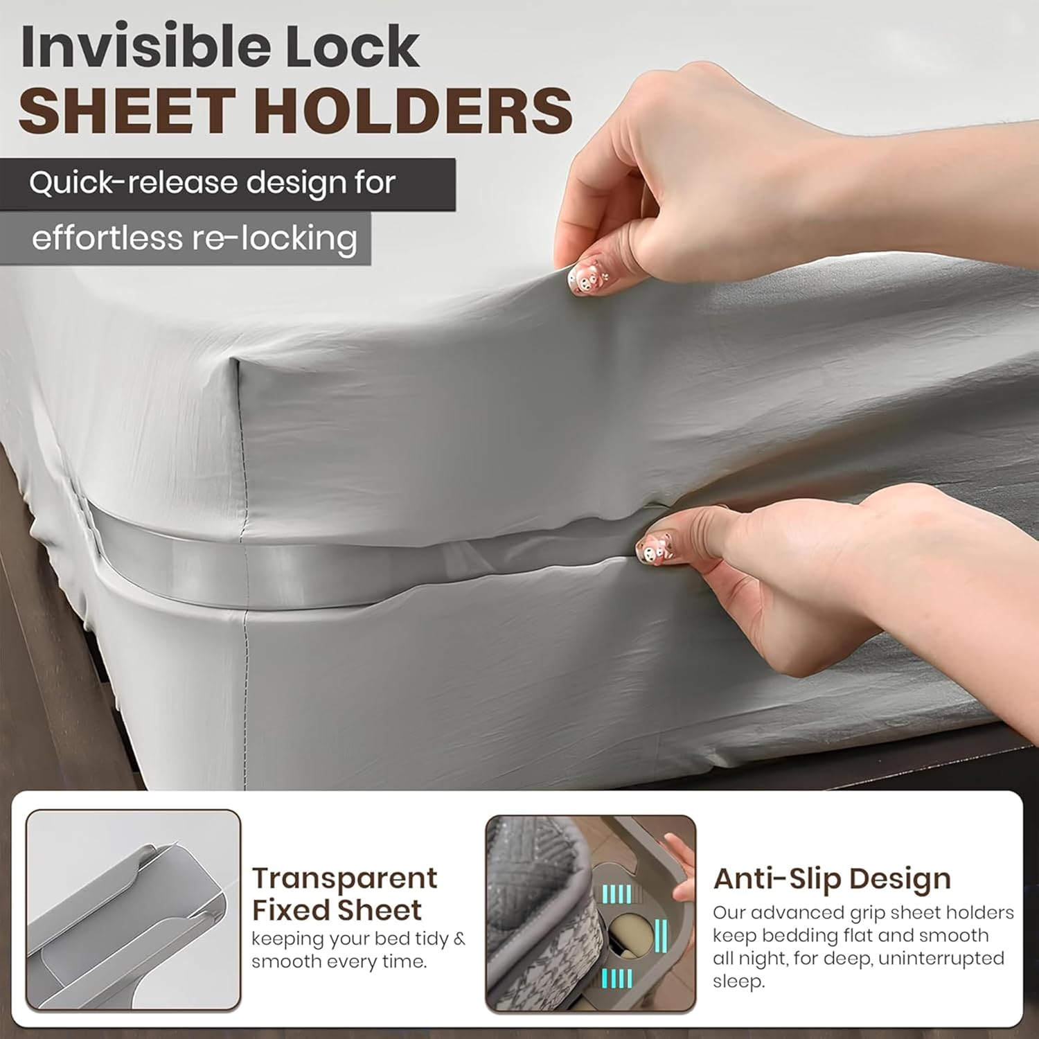 No-Slip Bed Sheet Holders (4Pcs) &ndash; Grey Fitted Sheet Straps with Secure Lock Strip &ndash; Keep Sheets Tight & Neat, Universal Fit for All Mattress Sizes &ndash; Quick & Easy Setup image number 2