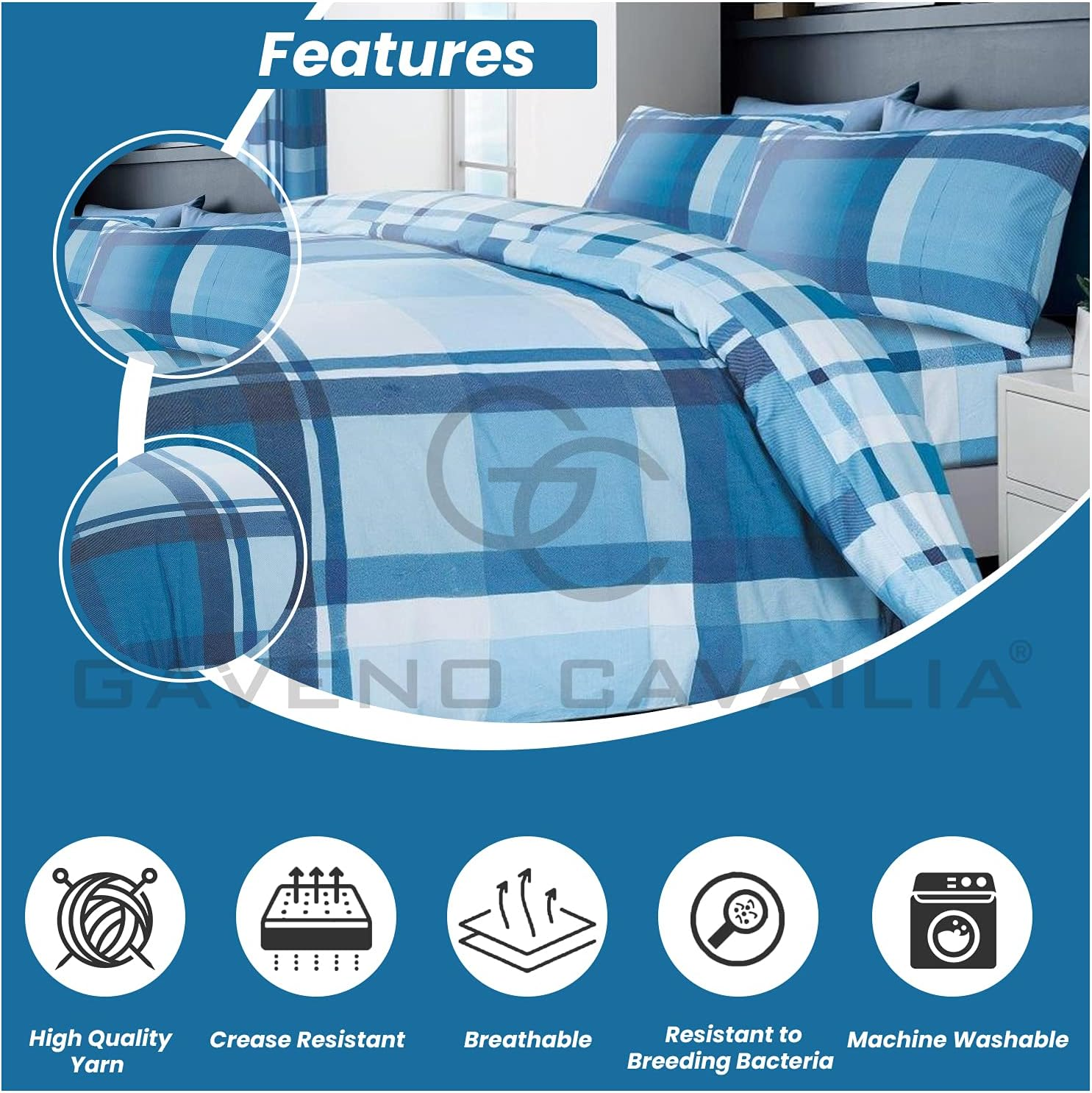 Gaveno Cavailia Premium Bedding Set and Pillowcases, Easycare Reversible Quilt Duvet Cover, Waverly Check Blue, Double Size, 50% Polyester & 50 Cotton image number 3