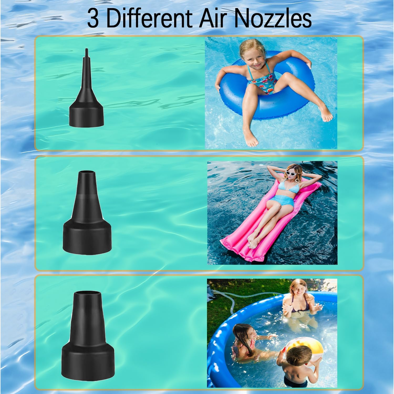 Electric Pump for Inflatables with 3 Nozzles, AC 110-240V/DC 12V 50W High Power Electric Air Pump for Air Bed Mattress Couch Inflatables Paddling Pool Beach Toys, Fill Inflator Deflator image number 4