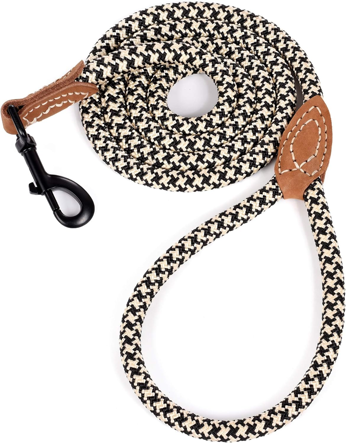 Mile High Life Leather Tailor Reinforce Handle Mountain Climbing Dog Rope Leash with Heavy Duty Metal Sturdy Clasp (Black Khaki, 4 FT)