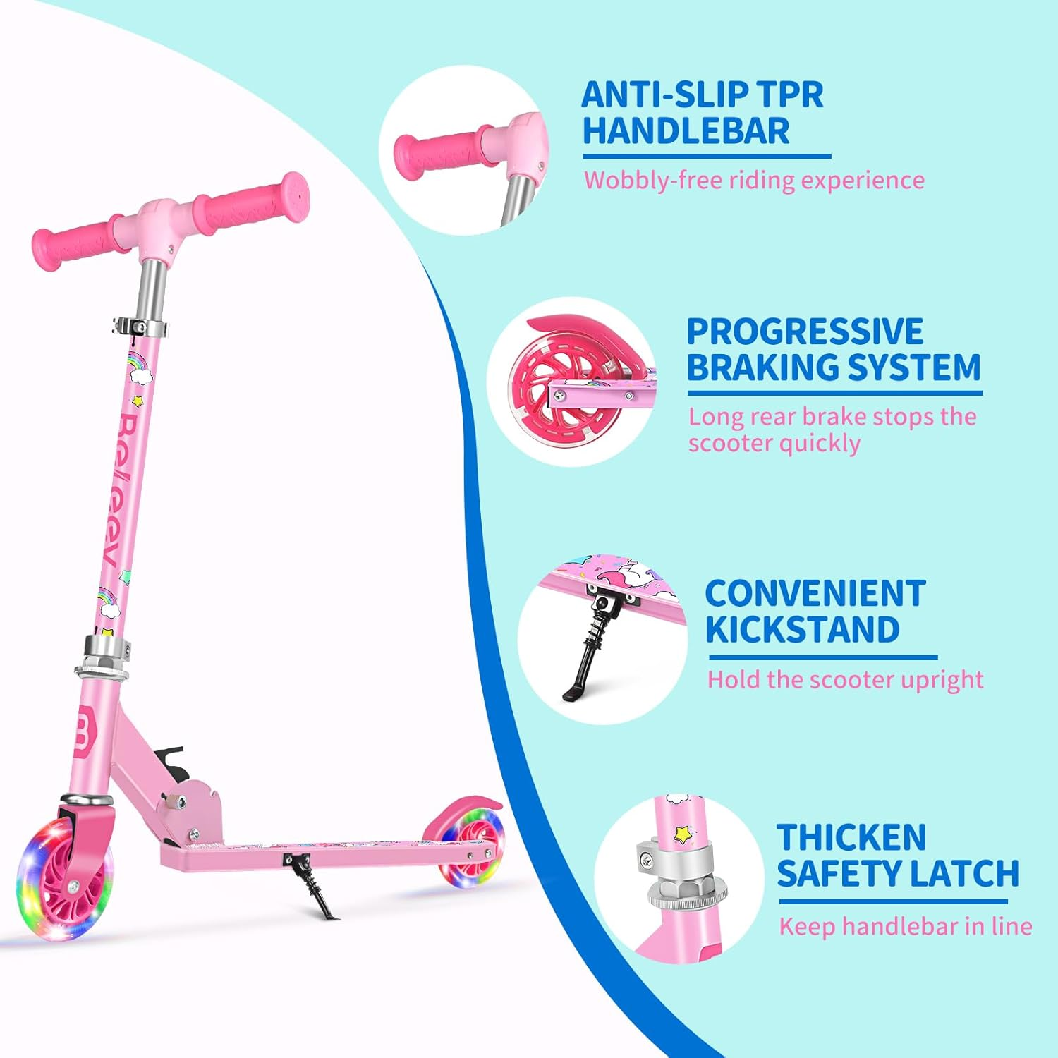 BELEEV V1 Scooters for Kids, 2 Wheel Folding Kick Scooter for Girls Boys, 3 Adjustable Height, Light up Wheels, Lightweight Scooter with Sturdy Frame, Kickstand for Children 3 to 12 Years Old image number 6