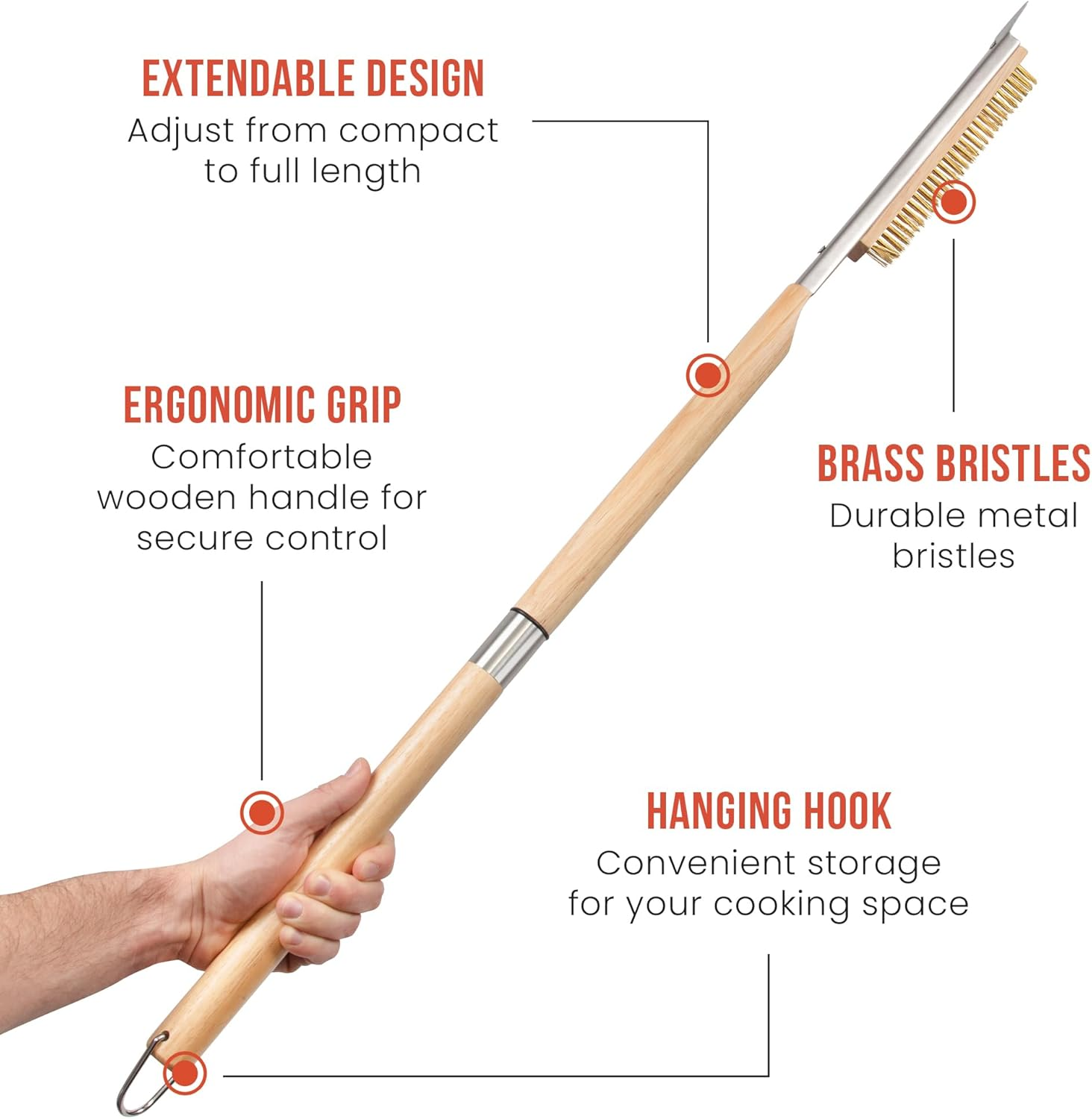 Chef Pomodoro Pizza Oven Brush with Scraper - Adjustable Handle (55Cm to 87.7Cm), Pizza Stone Brush, Pizza Oven Cleaning Brush, Outdoor Pizza Oven Accessories for Pizza Stones, BBQ Grill, and Ovens image number 3