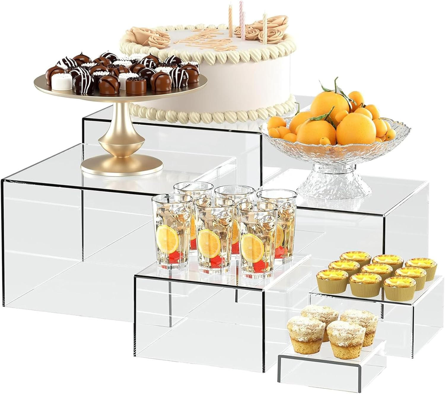 6Pcs Acrylic Boxes for Display Buffet Food Risers and Stands, Display Table Stand Shelf with Hollow Bottoms for Party Catering Dessert Jewelry Collectibles, Clear image number 6