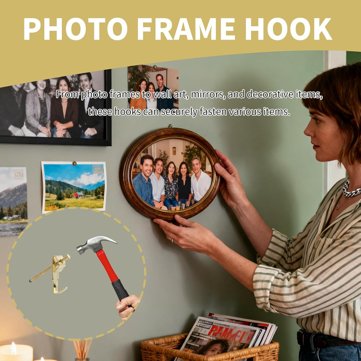 282 Pcs Picture Hooks Set, Picture Hanging Kit with Heavy Duty Frame Hooks, Nails, D-Ring, Sawtooth Hardware, Gold Metal Picture Hanger Assortment for Frames Mounting image number 6