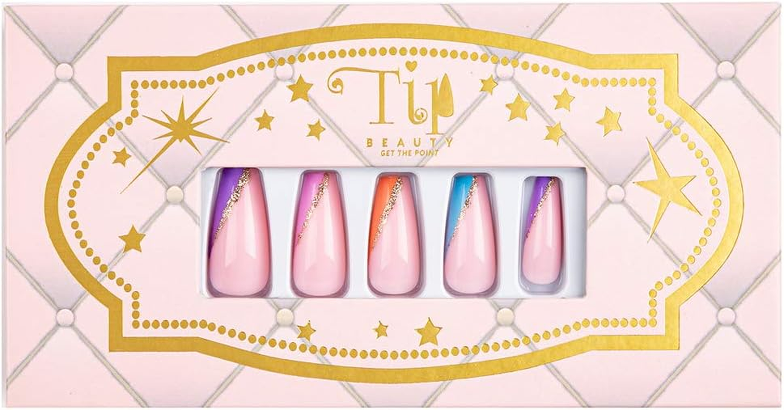 Tip Beauty Coffin Collections | 28 Faux Nails & Specialized Nail Glue | Quick Drying Professional Salon Quality Glue on Fake Nail Kit | Faux Nails for Women, False Nails for Kids (Multi Color Aysemetrical French Manicure) image number 2